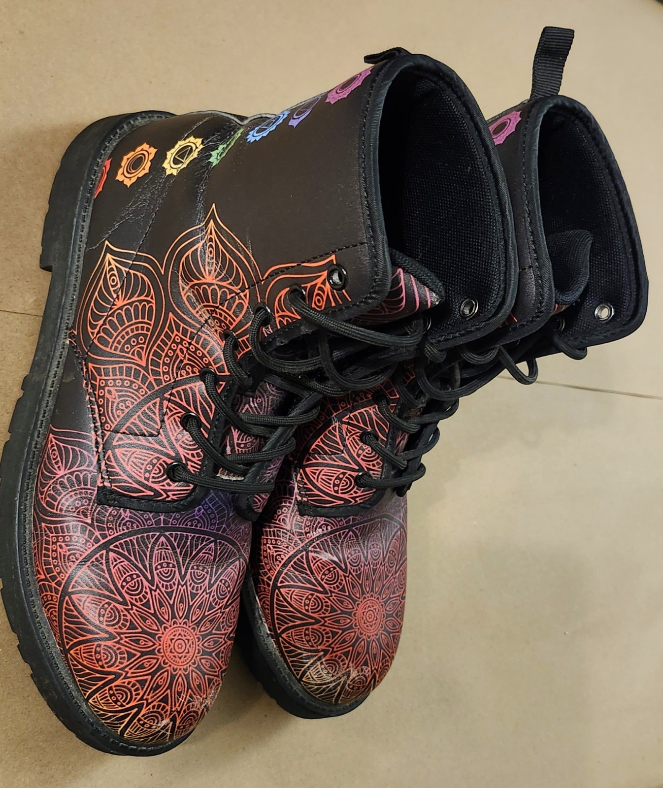 Chakra Love MANDALA Boots, Black & Rainbow Colors US M-7/ US W-9 Dr Marten style