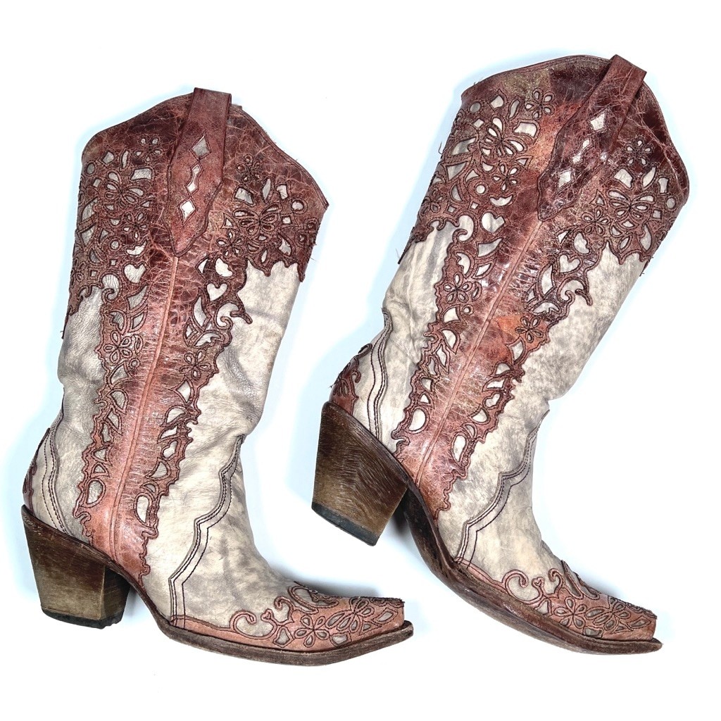 Corral Vintage Womans Boots Heeled Western Boots 7.5 Brown Beige Cowgirl
