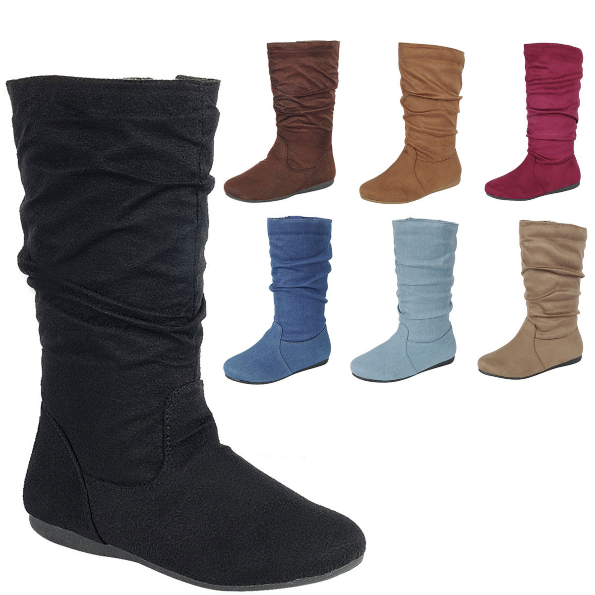 New Women’s Slouch Round Toe Comfy Flat Mid Calf Tall Boot Shoe Zipper