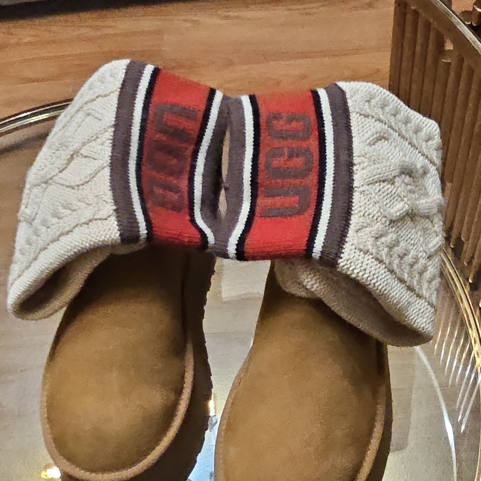 UGG Women’s Classic Sweater Letter Platform Cable Knit Boots Brown Cream Red 8