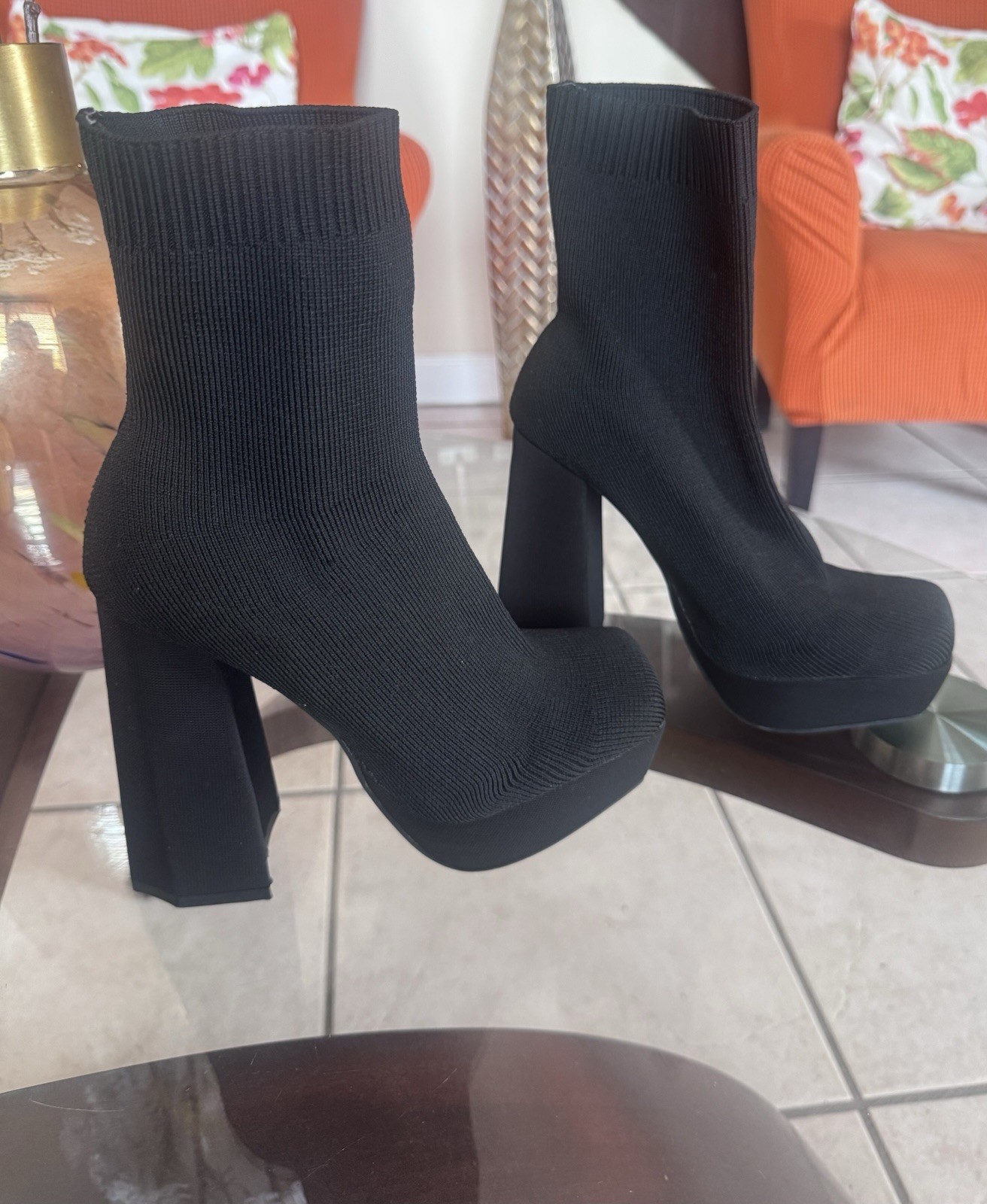 Black Knit Sock Ankle Boots Stretch Pull On Block Heel Round Toe Women