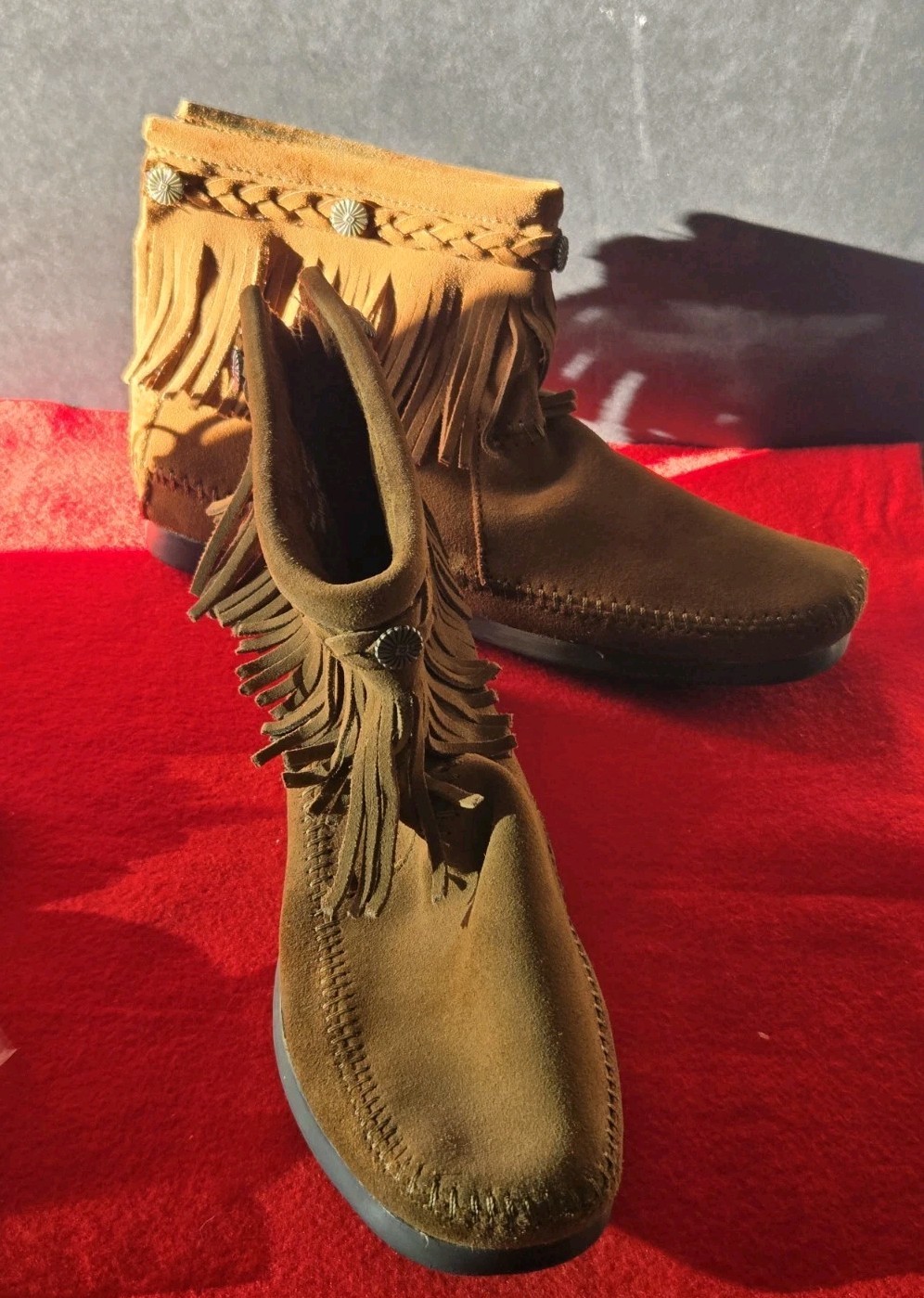 Minnetonka Fringe Ankle Boots Brown Suede Boho Moccasin Women Sz 9