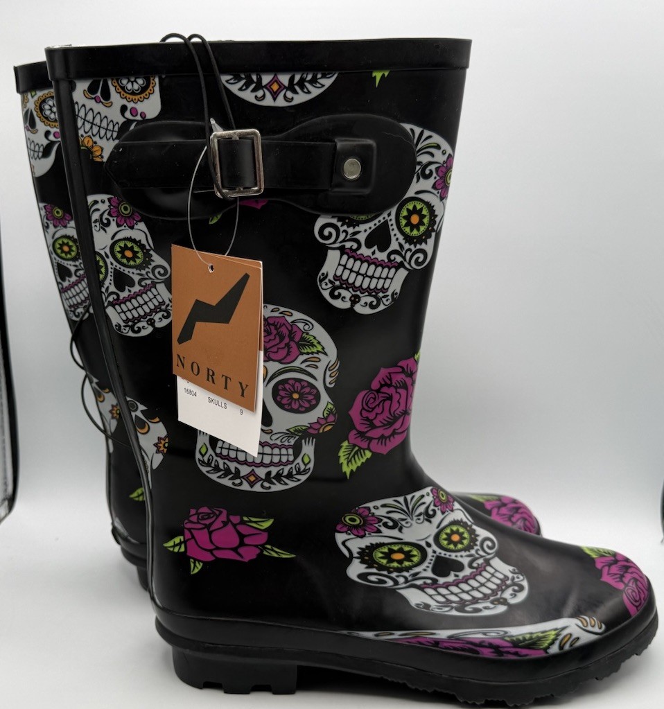 Women’s Black Rubber Boots With Sugar Skulls Size 9 Brand 100 % Rubber New