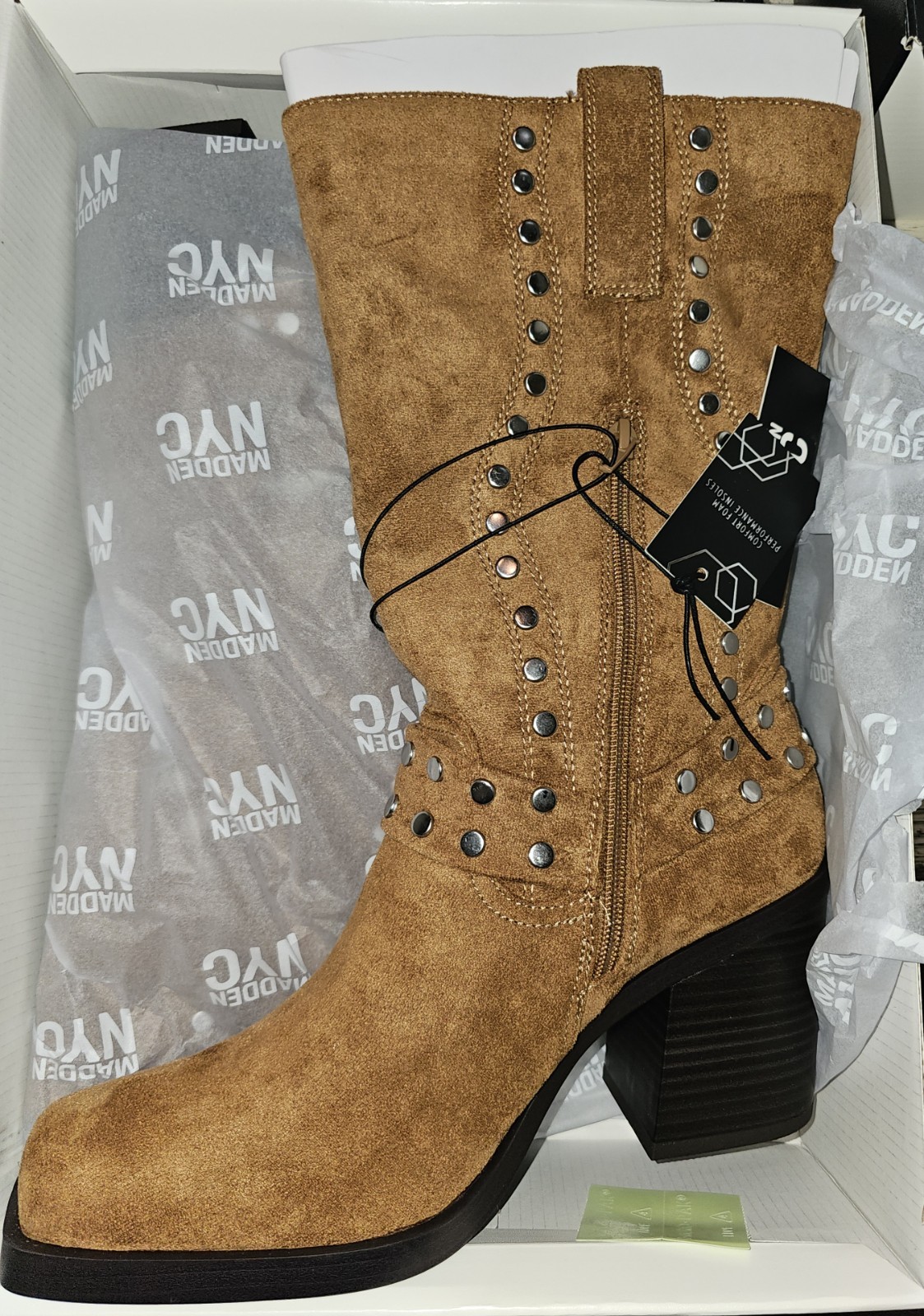 Madden NYC Women’s Brown Suede Studded Mid-Calf Zip Square Toe Boot US 6