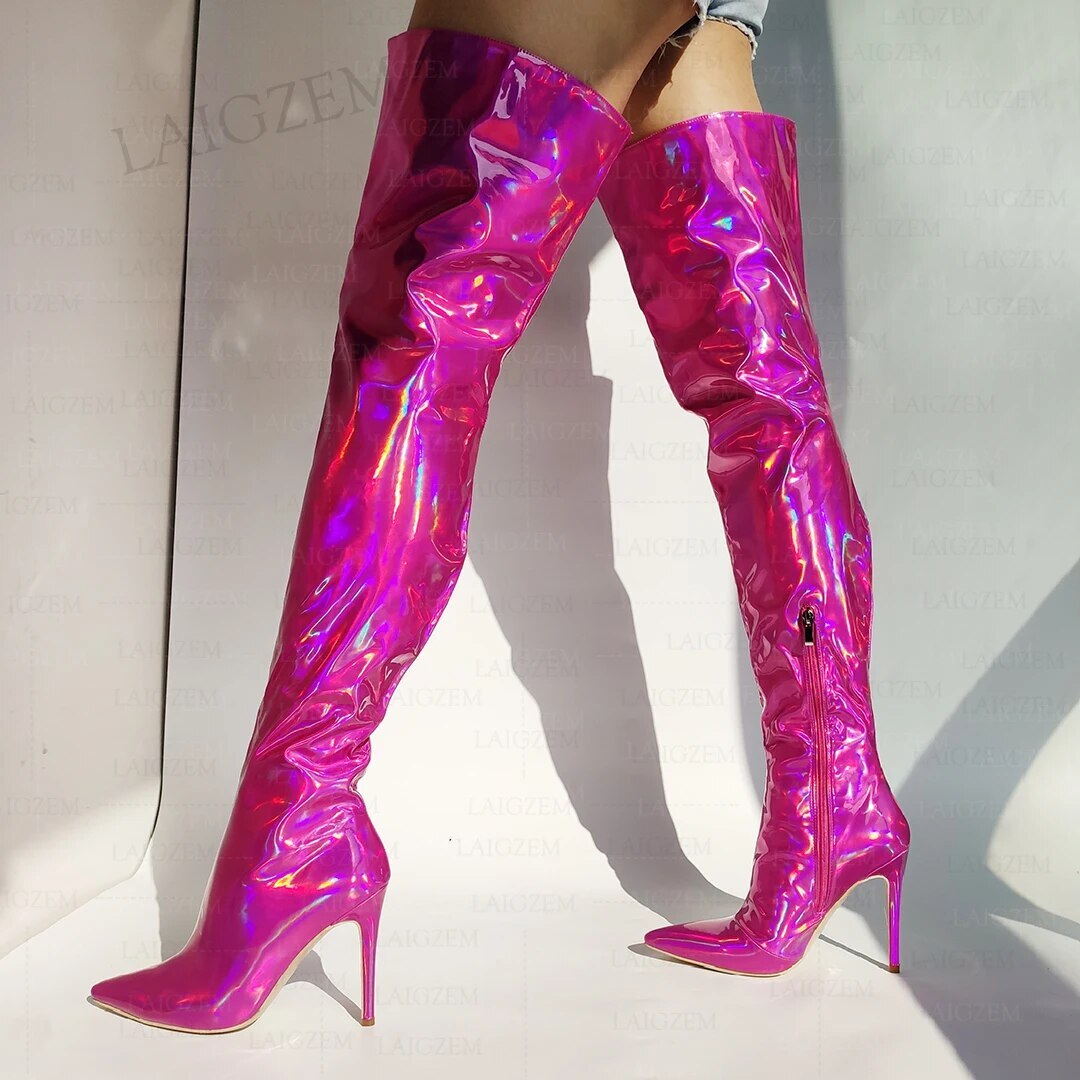 Women Thigh High Boots Holographic Side Zip Stiletto Heels Over Knee Boots Party