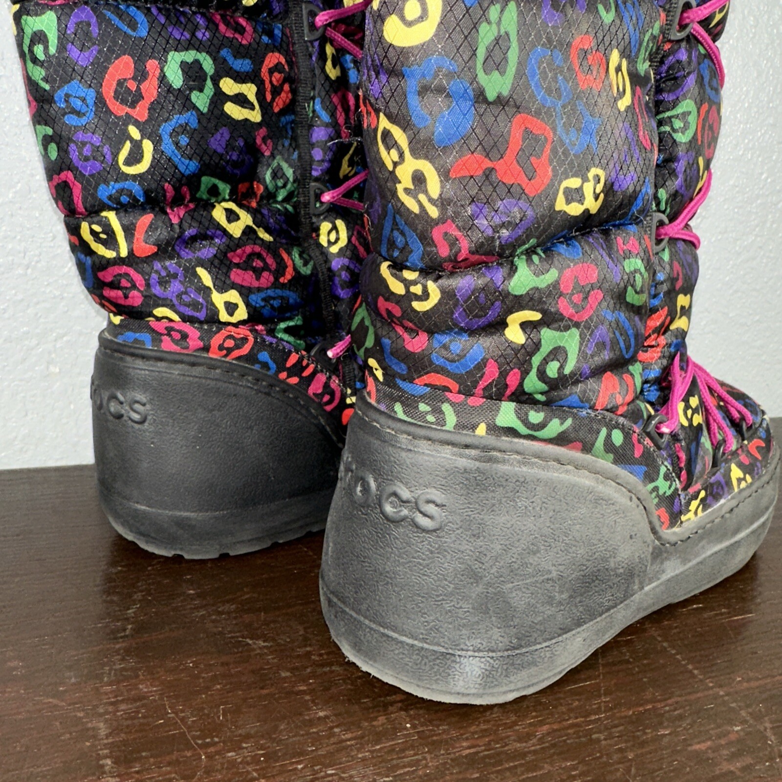 RARE Crocs Kosmo Tall Mid Calf Leopard Multicolored Y2K Pink Winter Snow Boots 8