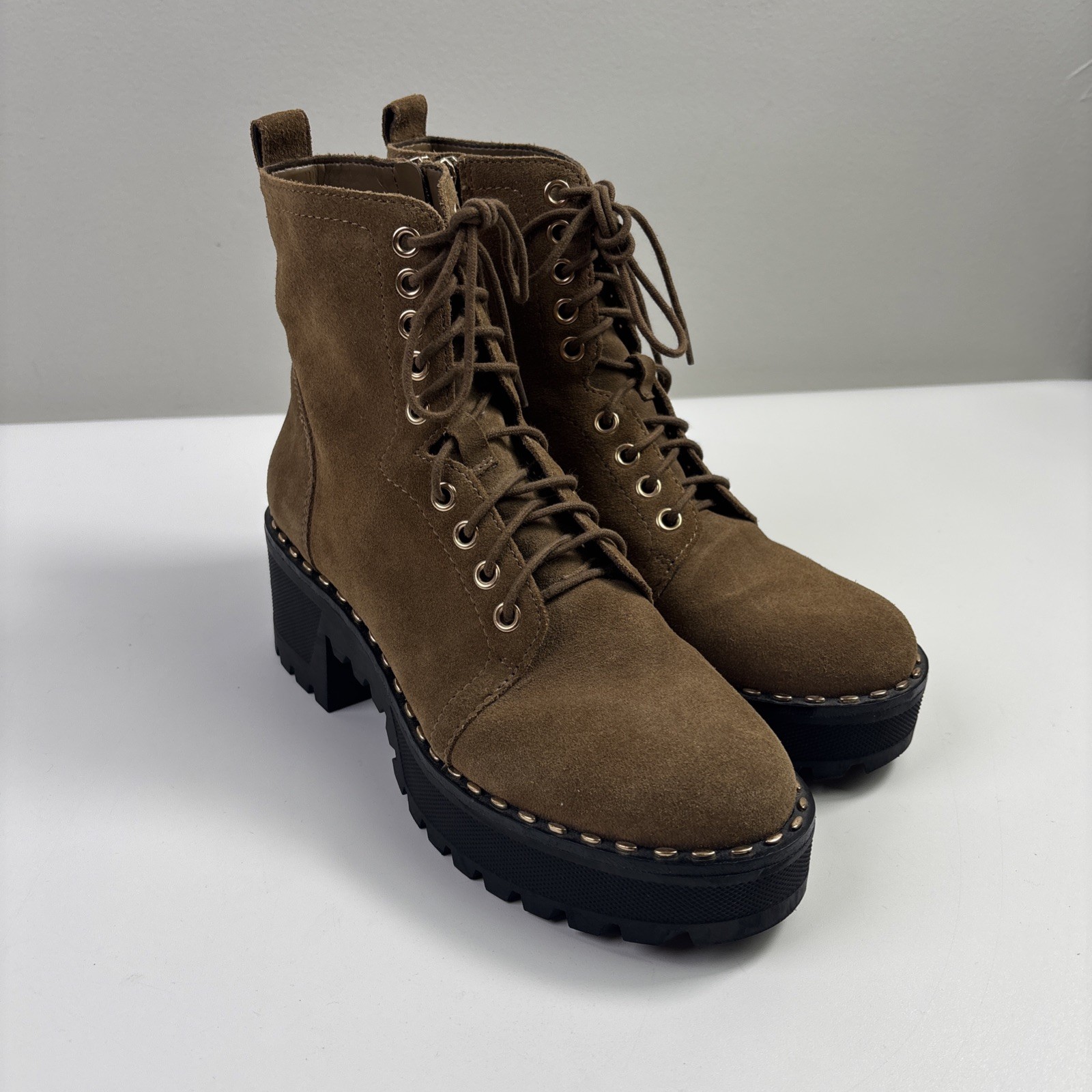 Vince Camuto Mecale Studded Combat Hiking Boot Suede Tan 7.5 M