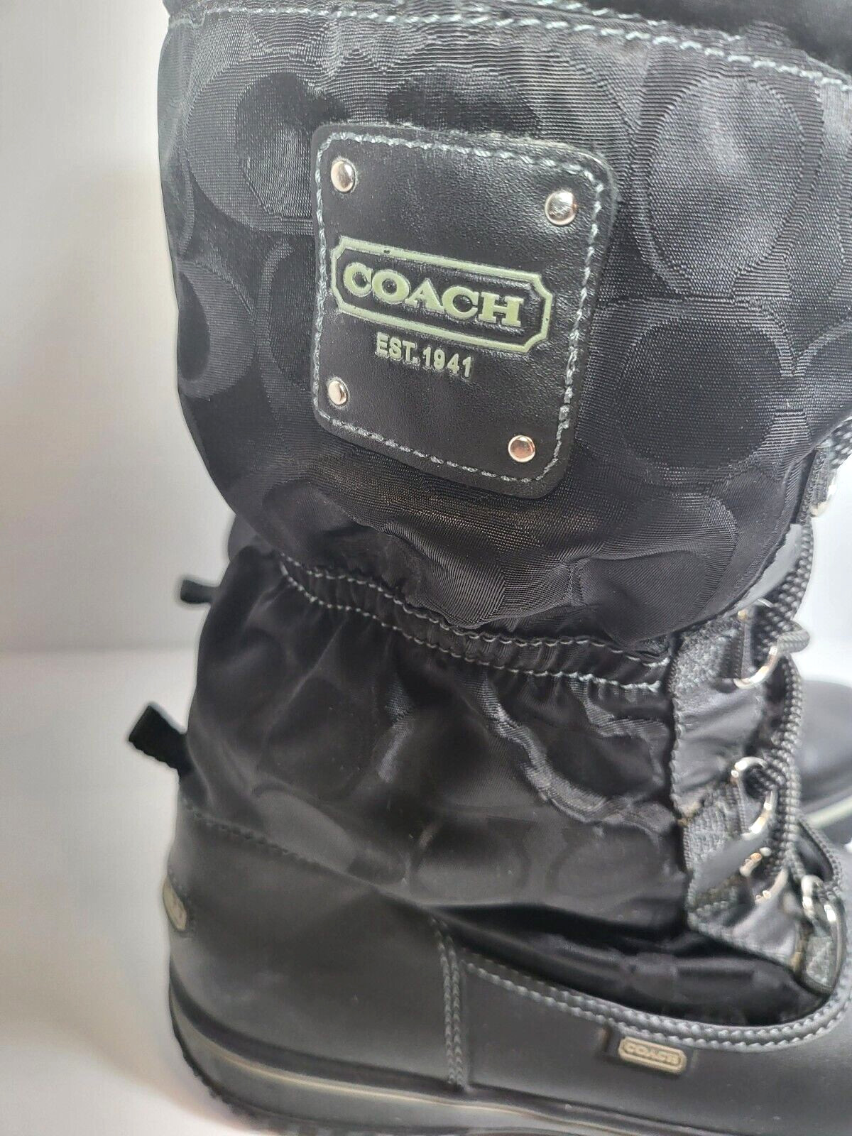 Coach Women’s Black Winter Snow Boots 7.5 Shaine Lined Nylon Leather Logo