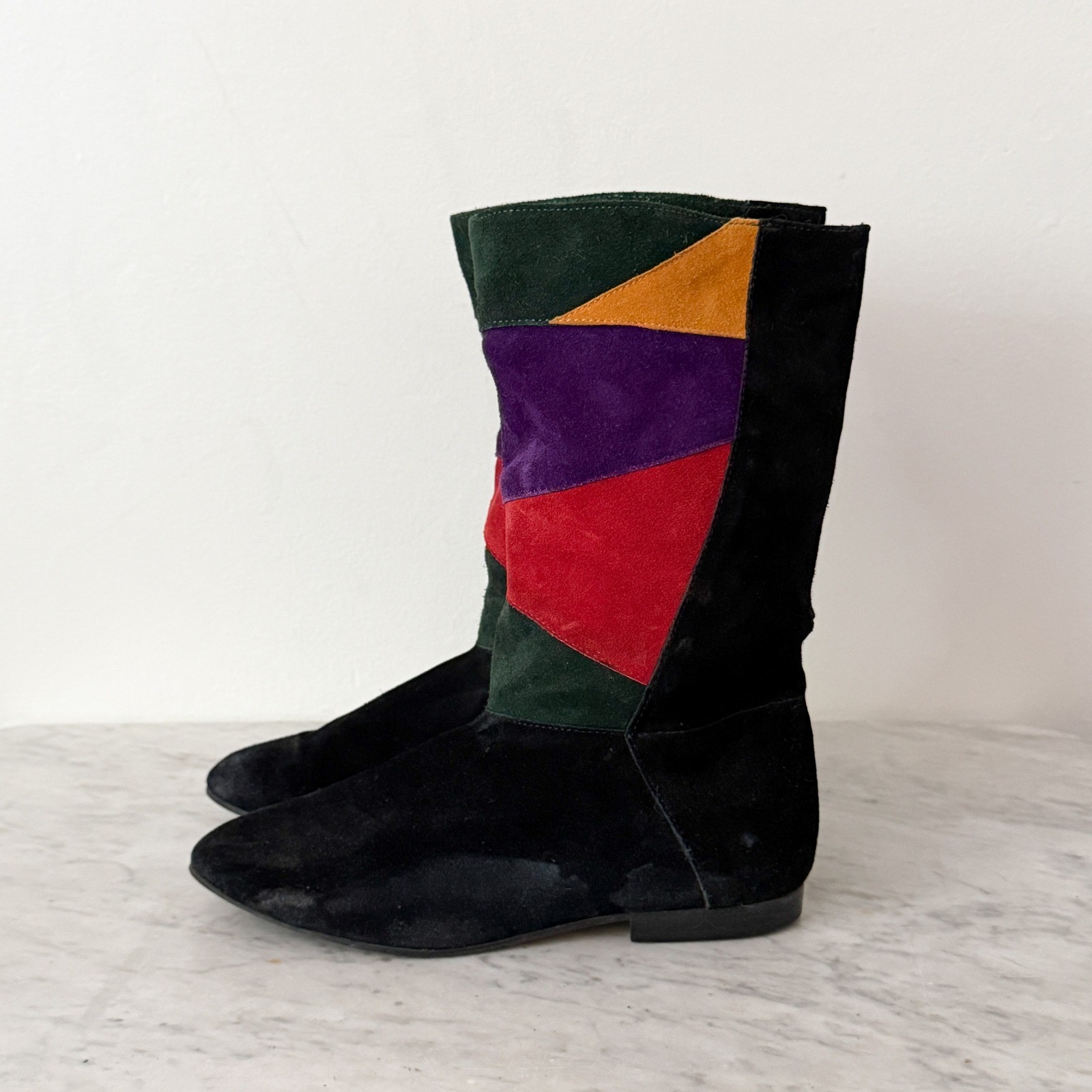 Vintage Suede Colorblock Patchwork Boots 9B Black Red Purple Mid-Calf Flat Toe