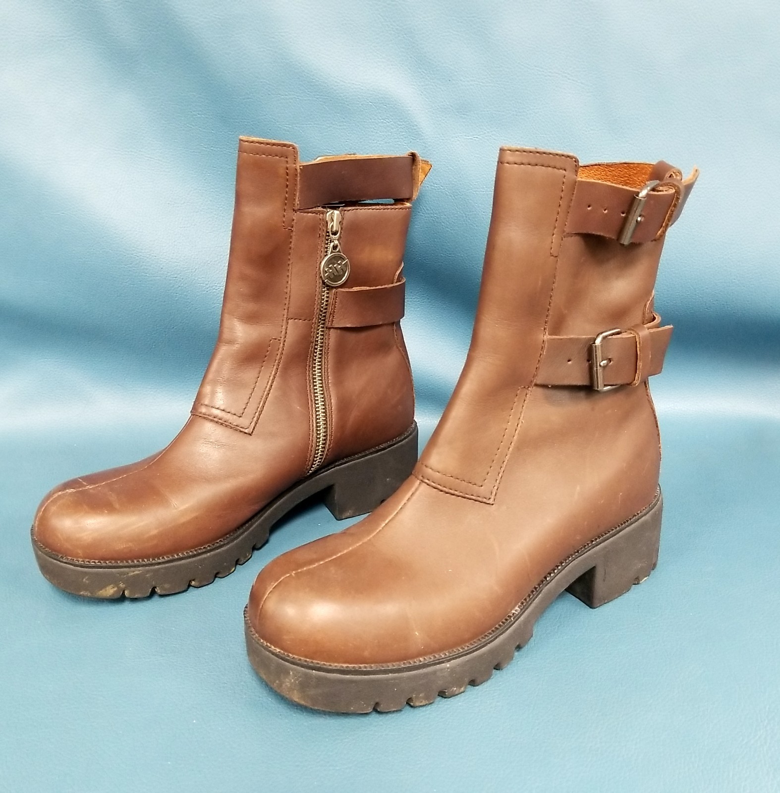 Double H Brown Leather Motorcycle Boots w/Harness Strap Chunky Sole Size 9M