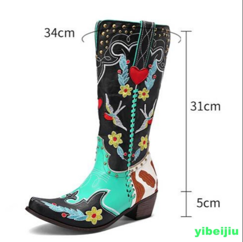 Vintage Womens Embroidery Mid Calf Boots Western Casual Occident Formal Shoes SZ