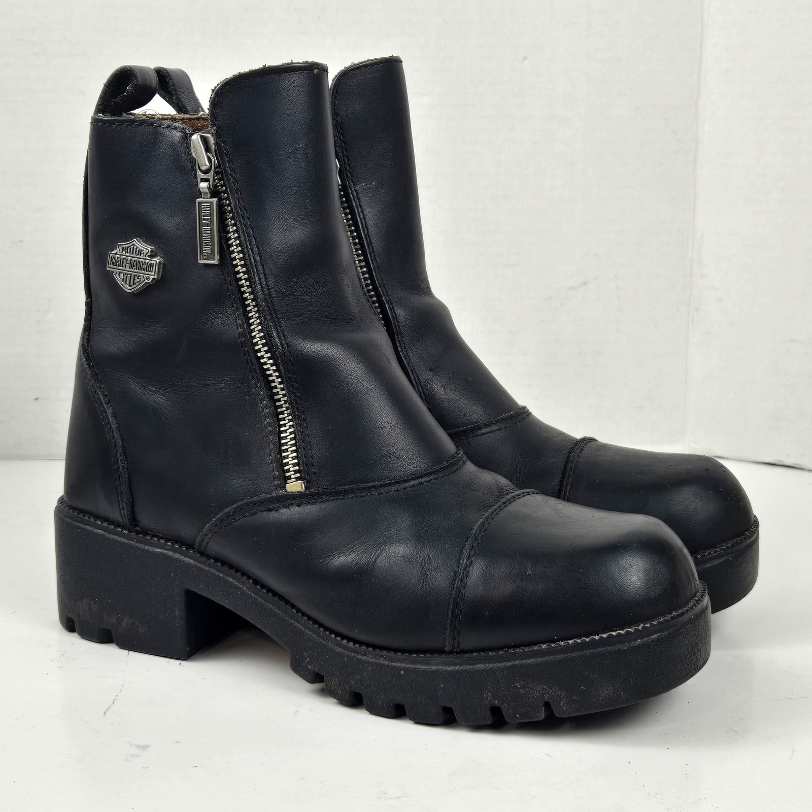 Harley Davidson Amherst Short Boots Black Leather Motorcycle Double Zip Womens 8