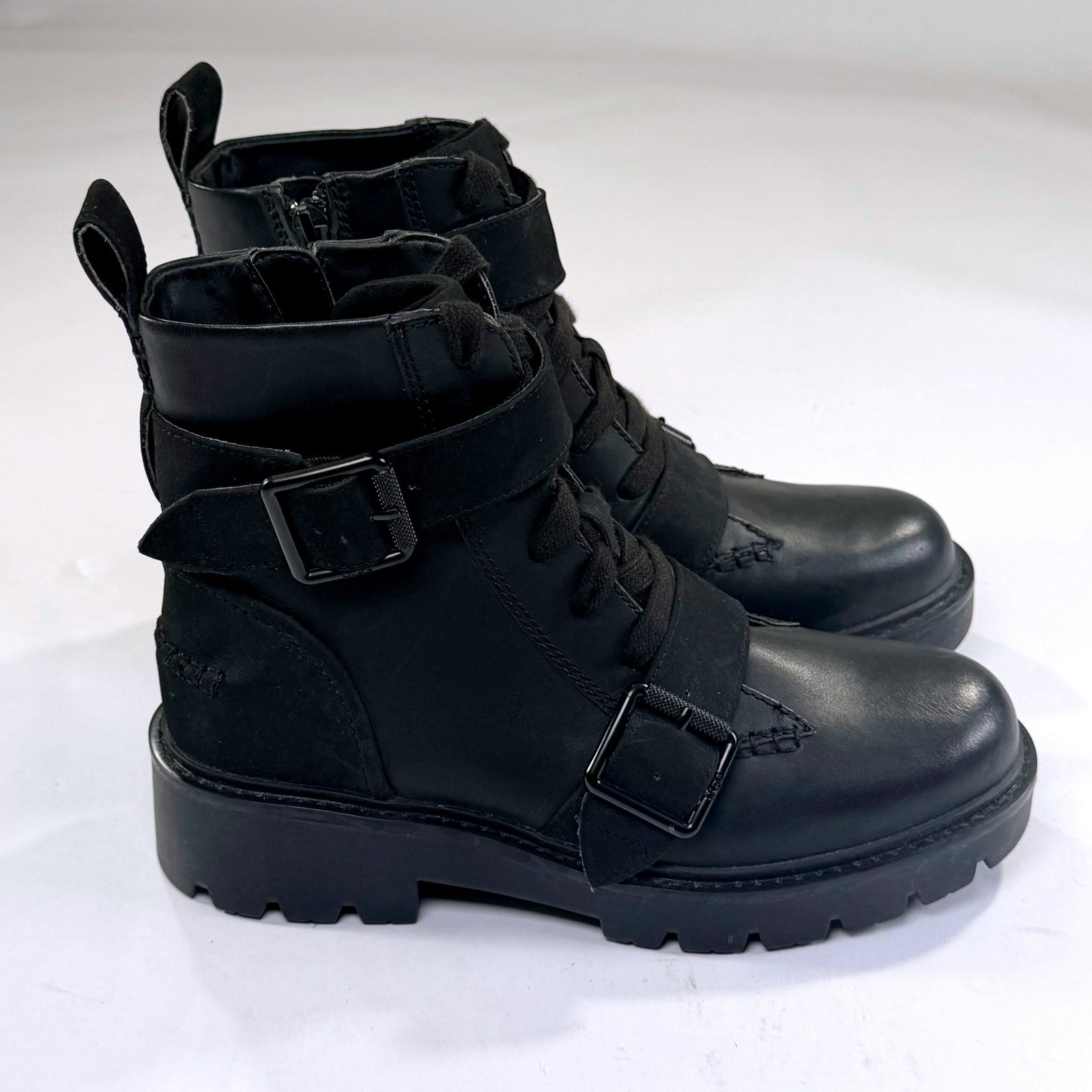 NEW UGG Noe Combat Boots Womens 7 Black Leather Moto Biker Platform Grunge Zip