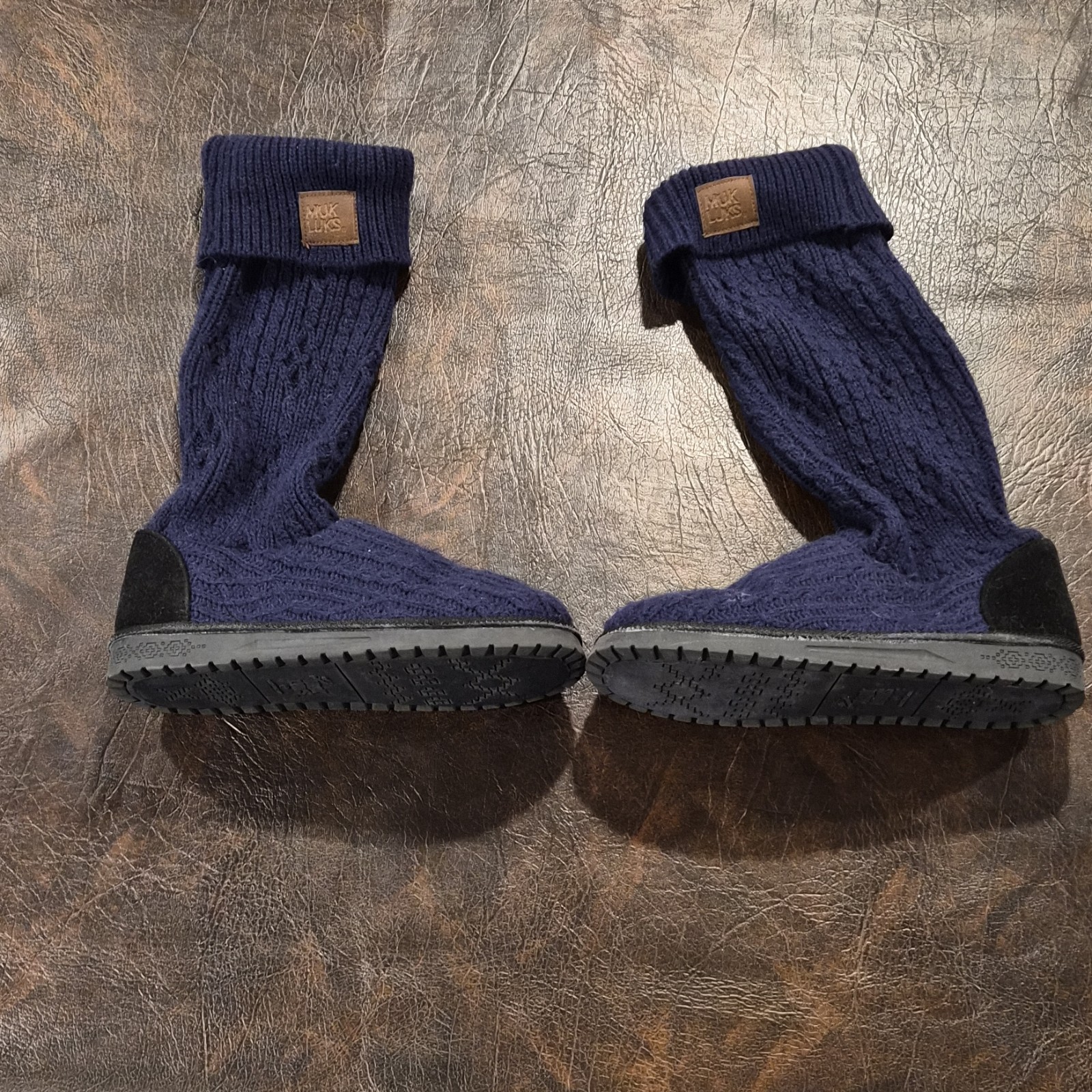 MUK LUKS Women’s Navy Cable Knit Mid-Calf Pull On Rubber Sole Boots 8 B245