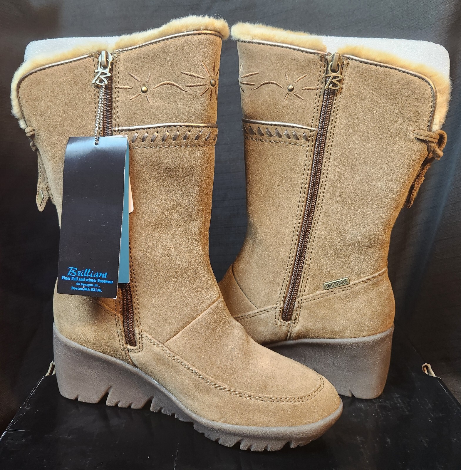 Brilliant Women Sz 6 Honey Brown/Tan Suede Faux Fur Waterproof 1/2 Calf Boot NIB