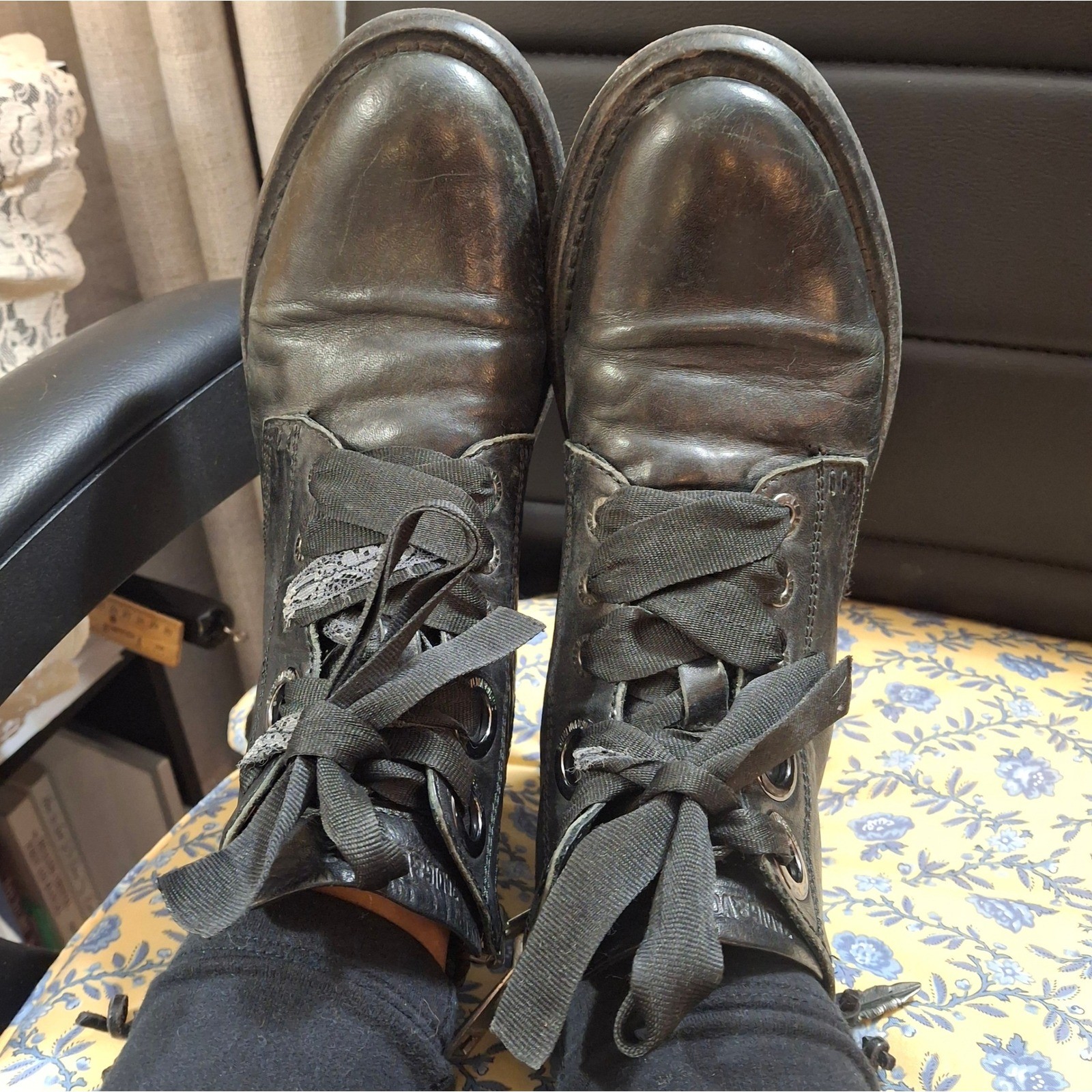 Zadig & Voltaire Joe Black Leather Combat Boots Ribbon Lace Skull Charm Size 38