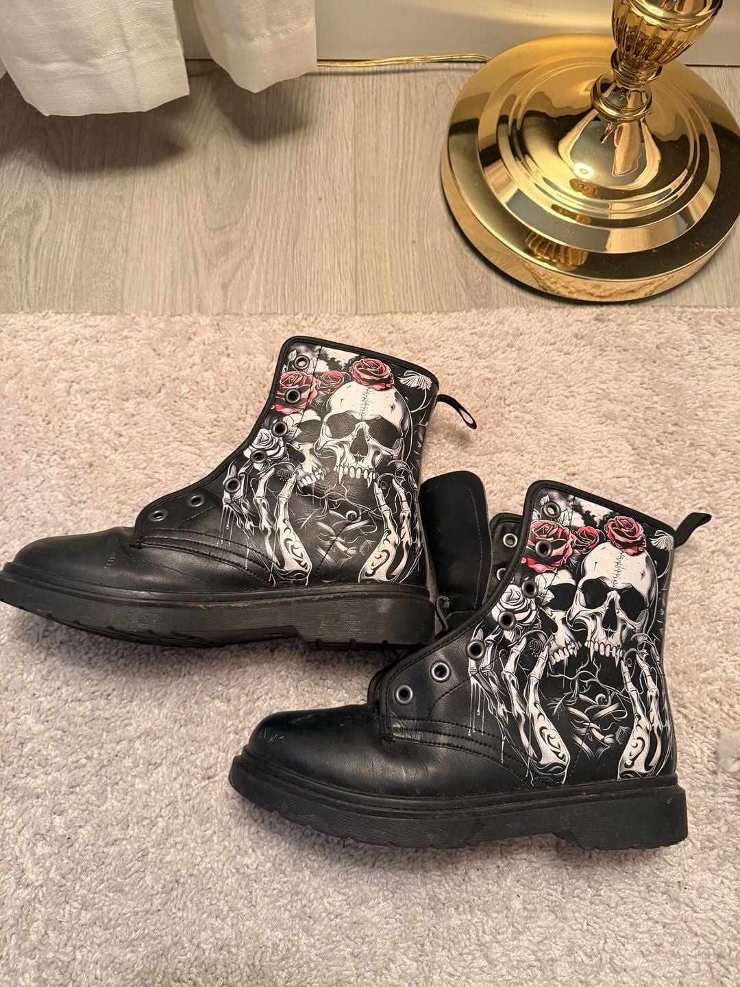 Gothic Skull and Red Rose Print Lace-Up Combat Boots