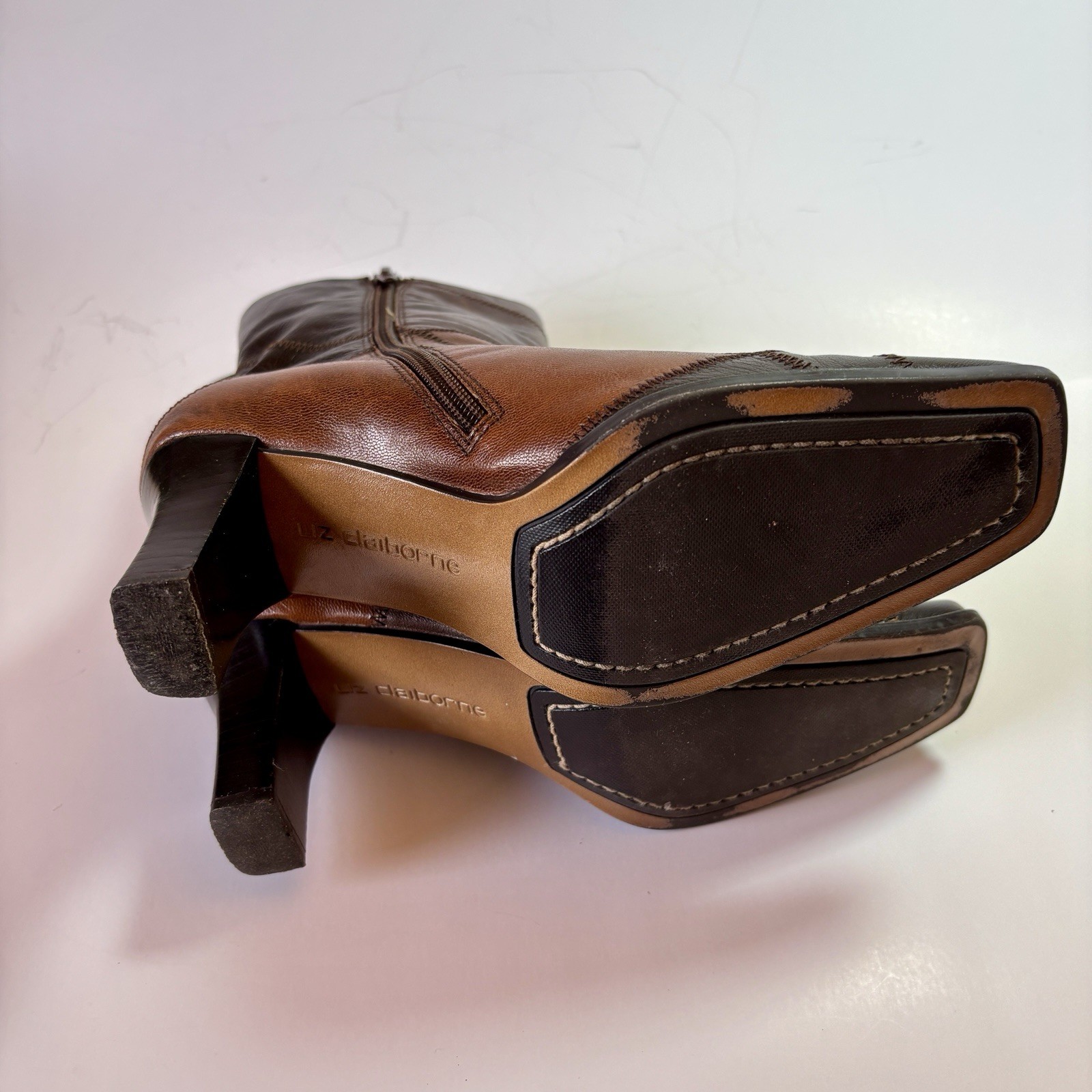 Liz Claiborne Boots 6.5 Short Mid Calf Leather Brown Patchwork 9” Shaft Height