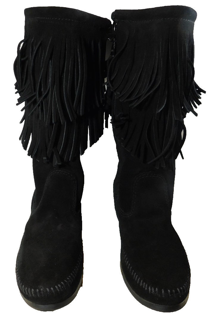 Minnetonka Women’s Black Suede Side Zip 2 Layer Fringe Moc Toe Boots – Size 9