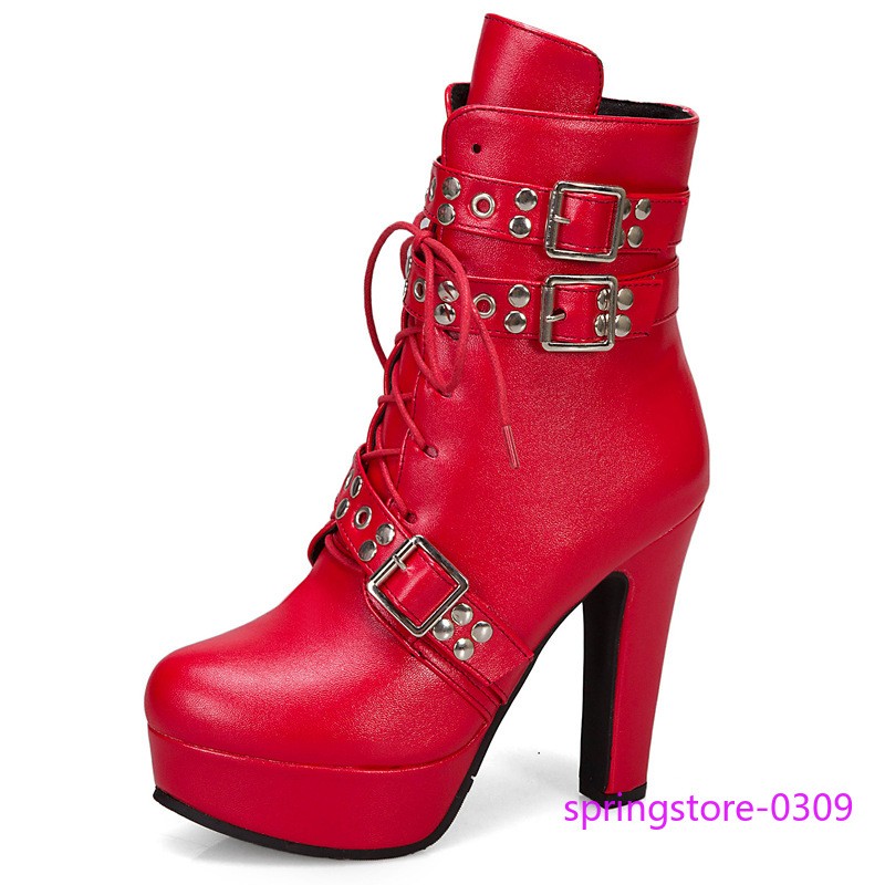 Women Lace Up Ankle Boots High Heels Platform Shoes Studded Strap Belt Plus Size