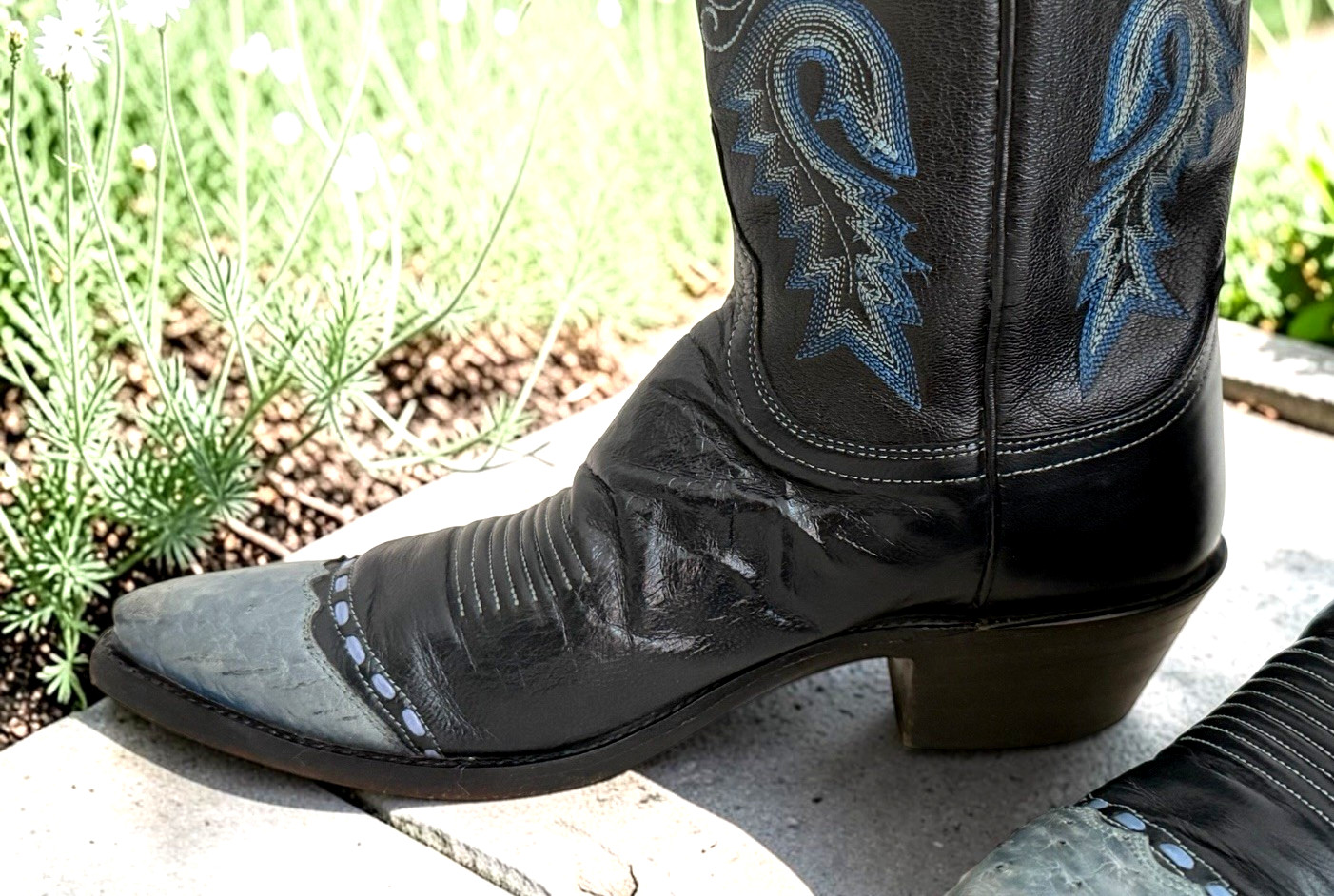 LUCCHESE 1883 Black & Blue Ostrich Wingtip Embroidered Cowgirl Boots Sz 8.5B