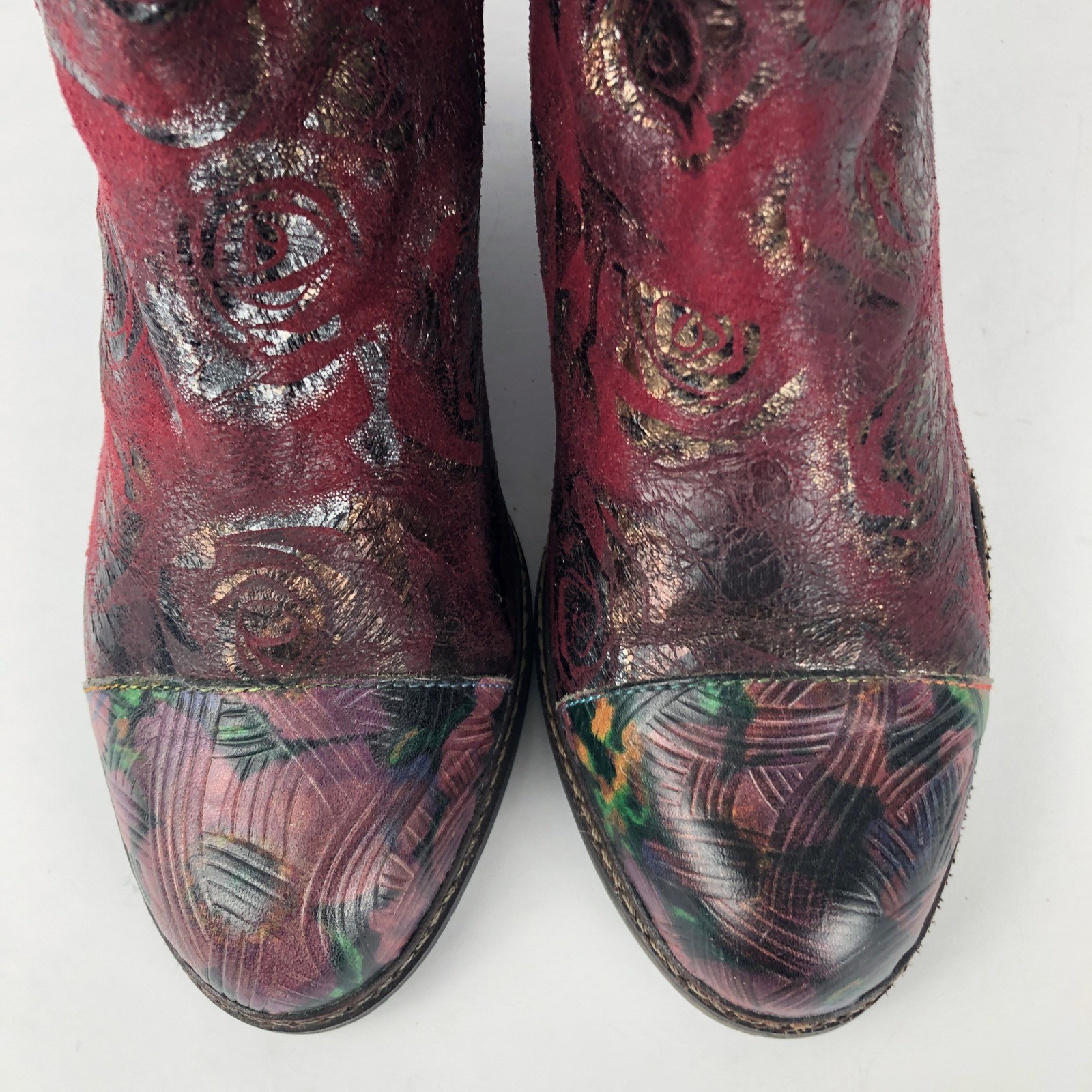 L’Artiste Spring Step Waterlily Floral Leather Ankle Boots Sz 39 Red Metallic