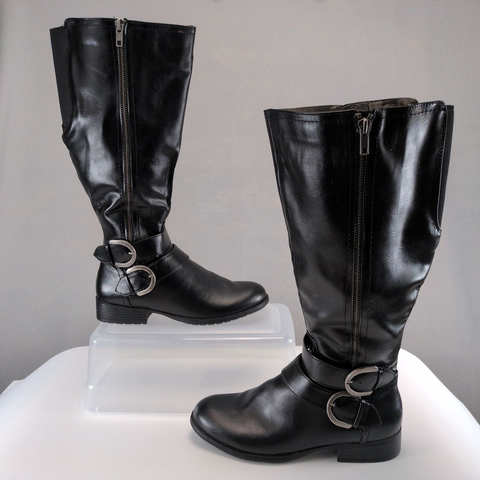 LifeStride X-Must Black Tall Riding Boots Women 8.5 Wide Calf Buckle Side Zip