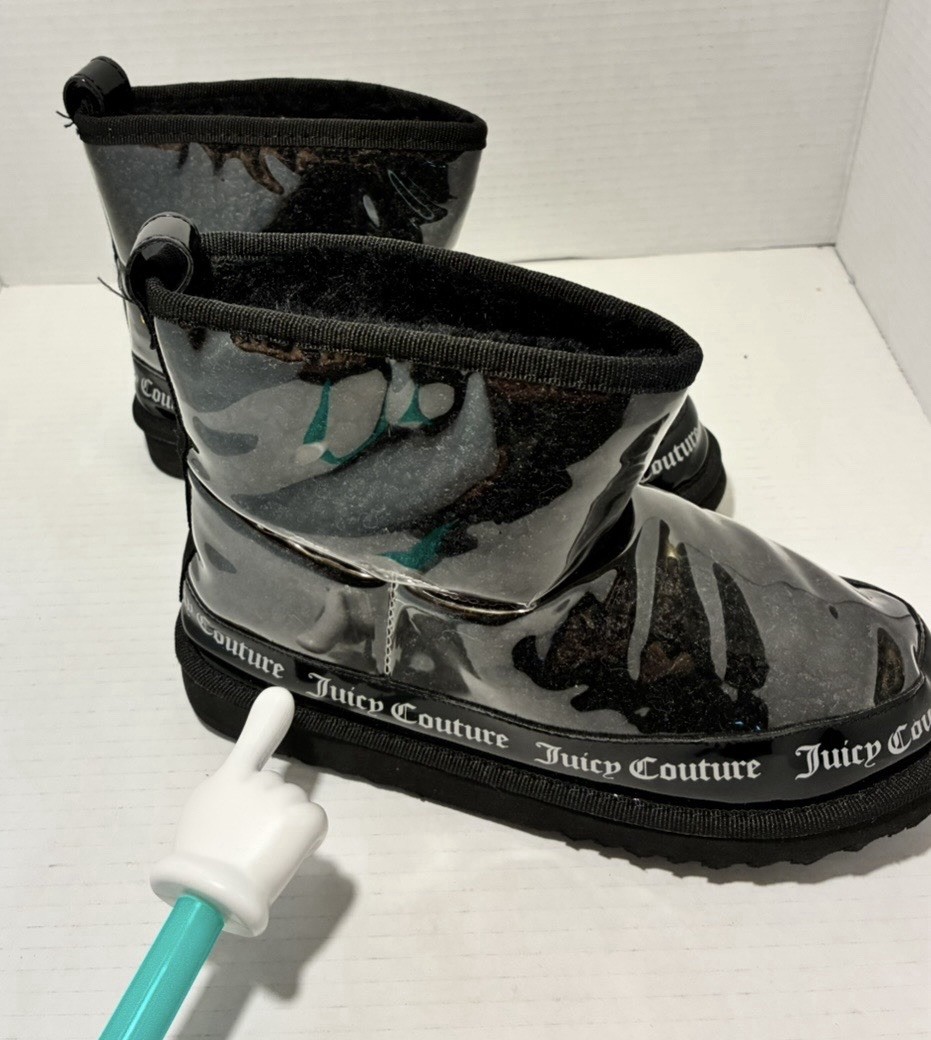 Juicy Couture Black Gray Camo Logo Ankle Bootie Faux Fur Lined Pull On 8