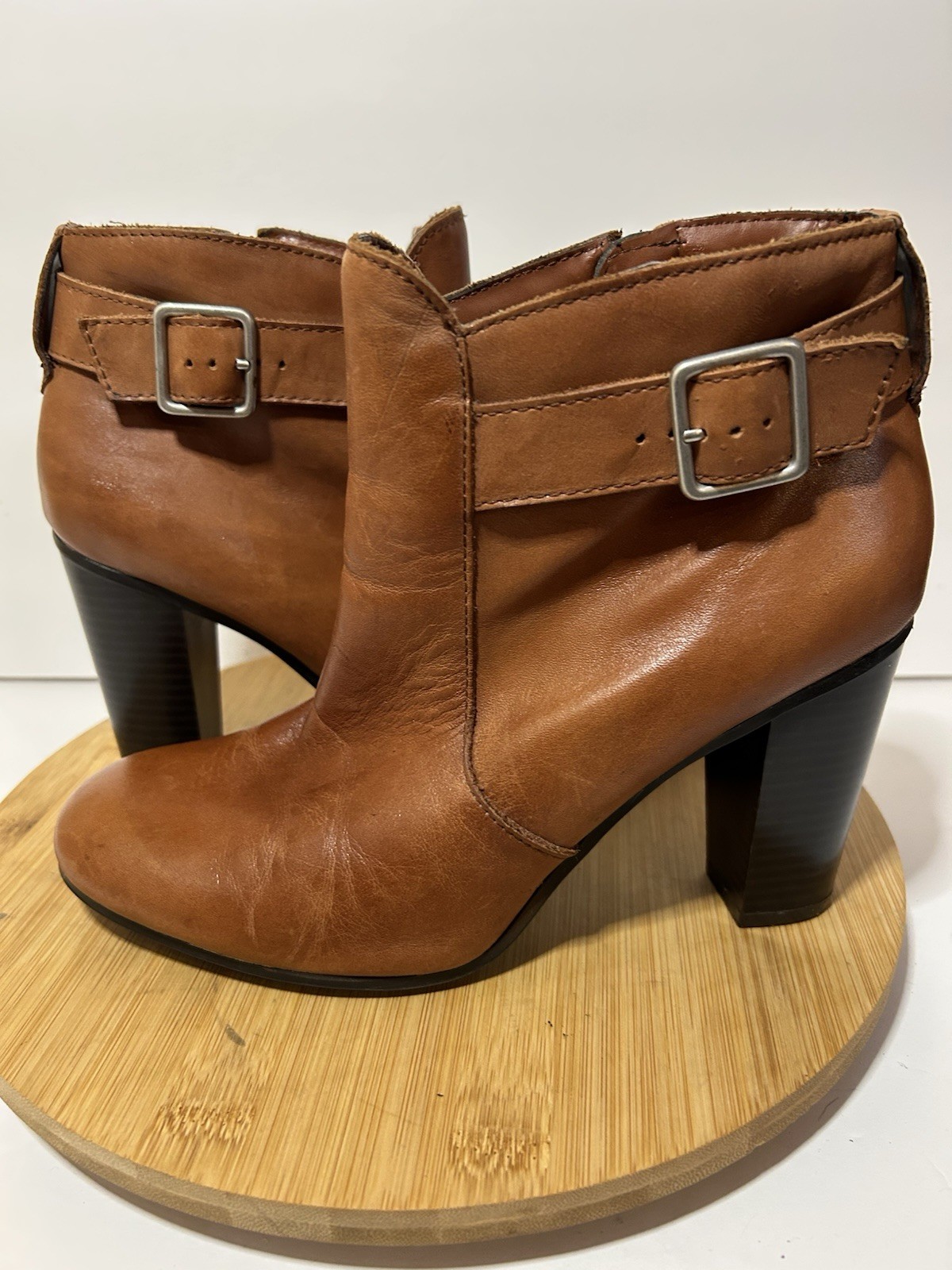 Liz Claiborne Tan Brown Leather 3.5″ Heels Pump Zipper Up Ankle Boots 8.5M