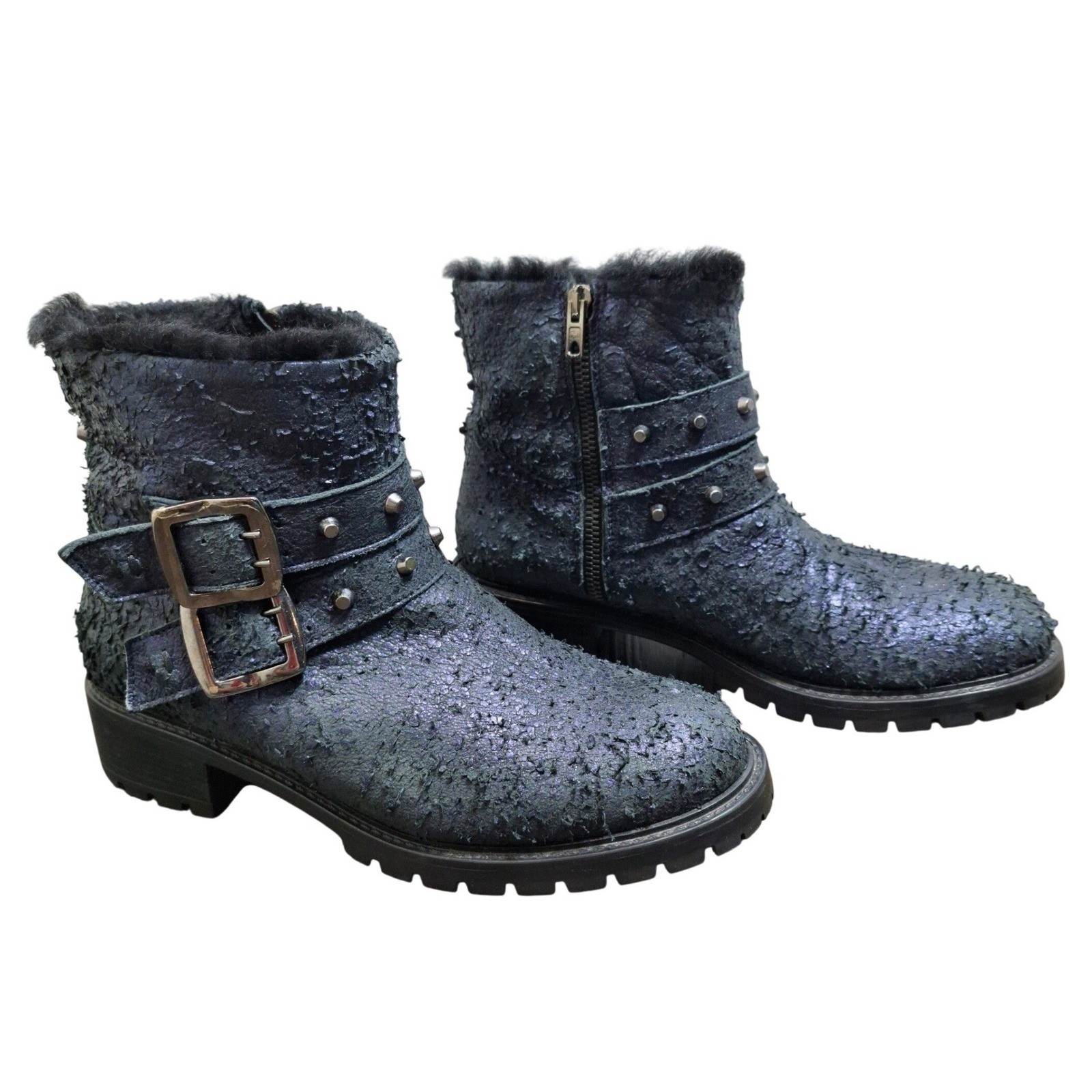 Ross & Snow Womens 8.5 Metallic Blue Studded Shearling Moto Boots Made in Italy