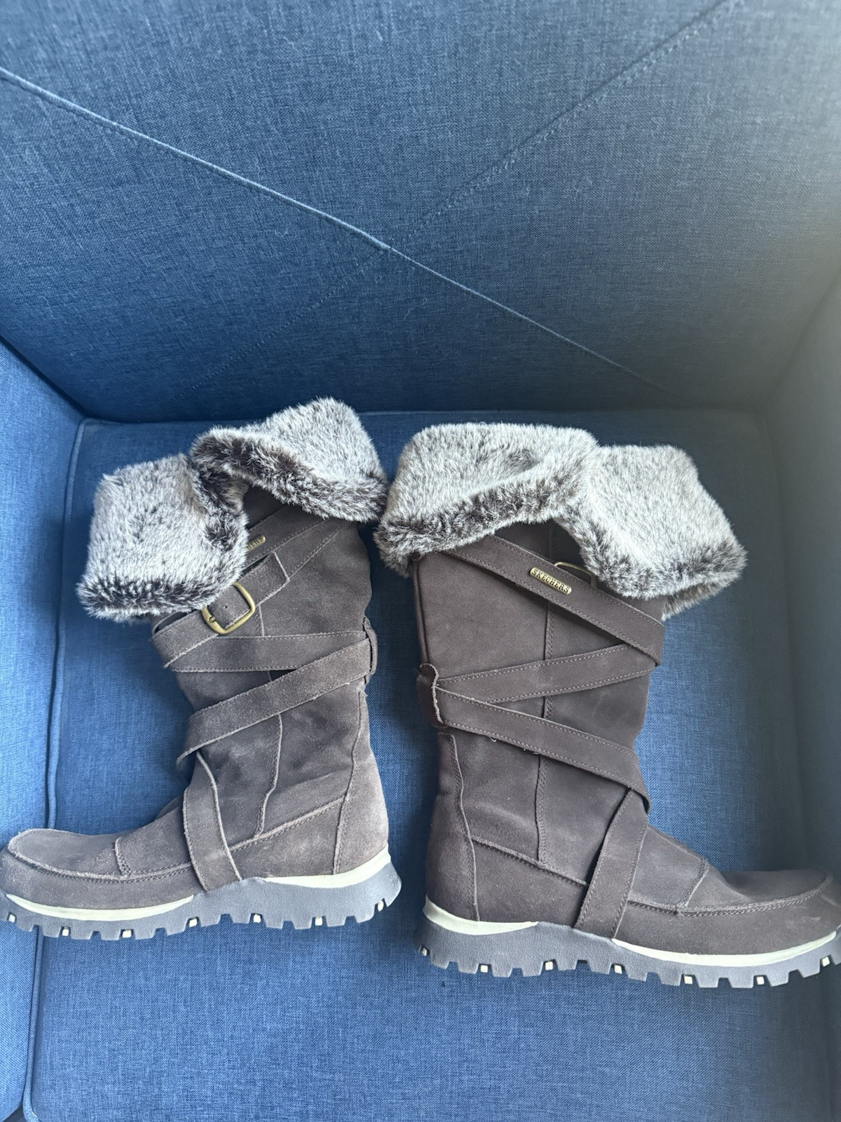 Skechers Suede Faux Fur Knee High Boots Zip-Up Women Size 9 US Brown Chocolate