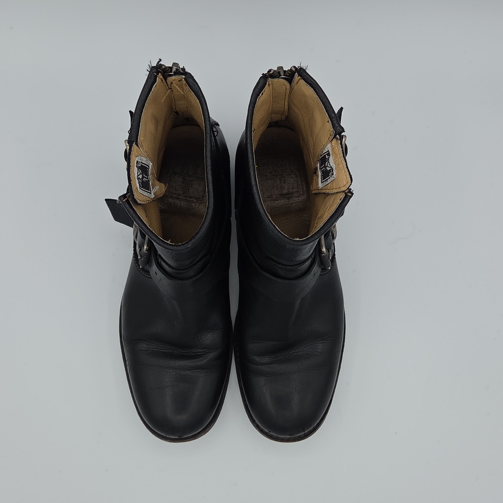 Frye Tyler Engineer Boots Women Size 6 Black Leather Back Zip Moto Buckle Ankle