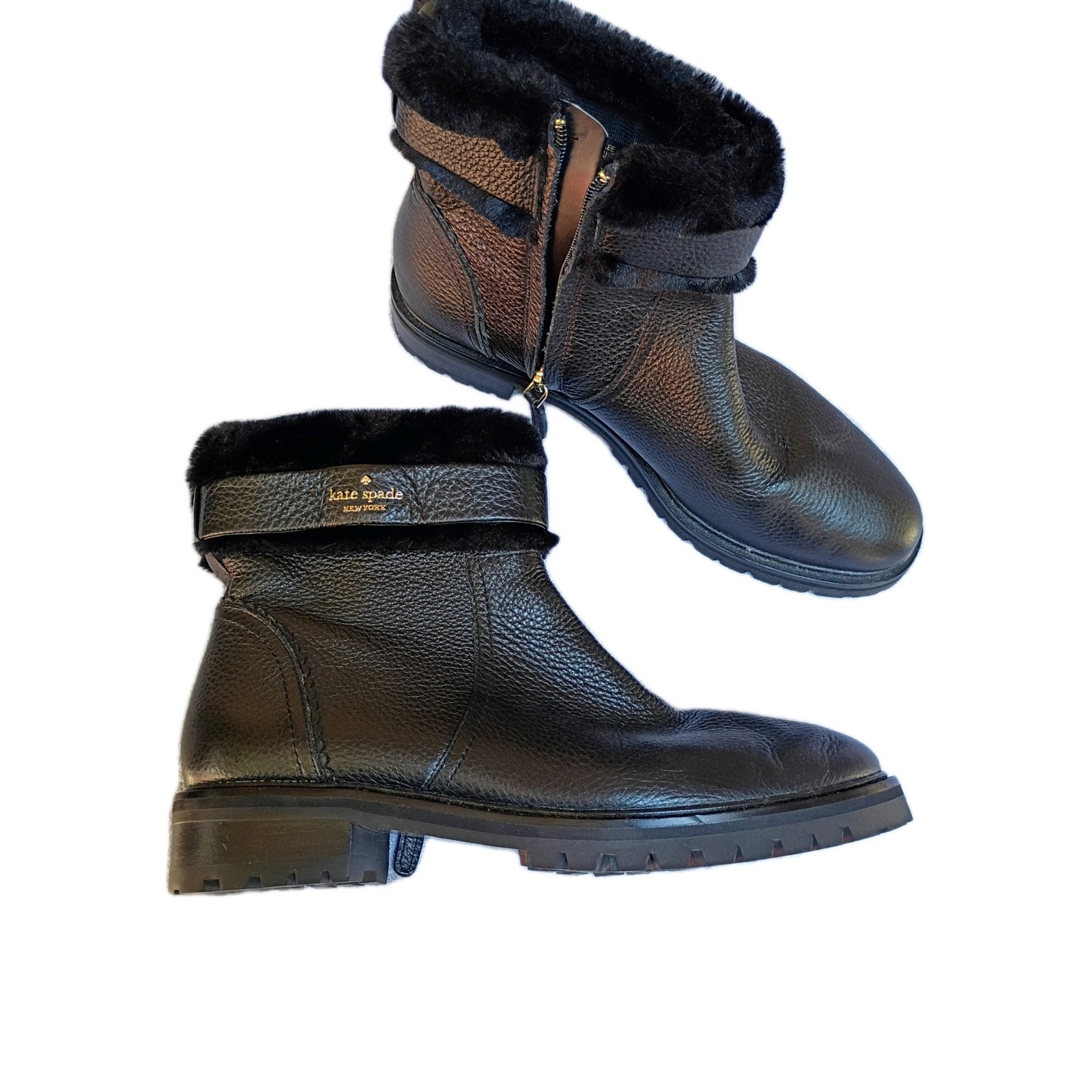 Kate Spade New York Bailee Winter Boots Black Leather Bootie Faux Fur Trim Sz 9