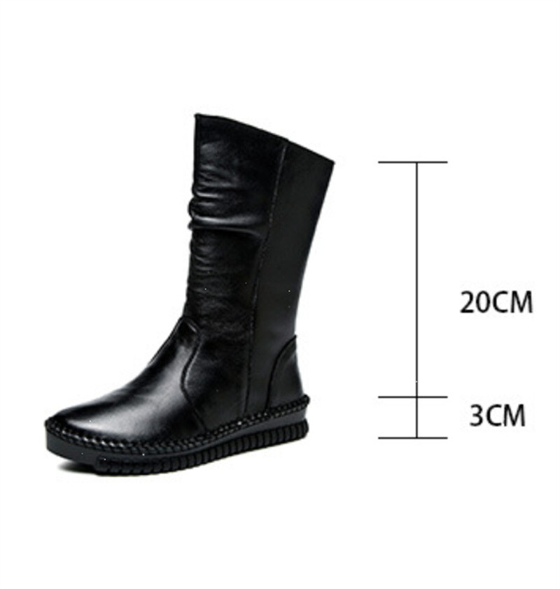 Women Boots Autumn Leather Retro Mid-Calf Boots Flat Shoes Real Leather Boots