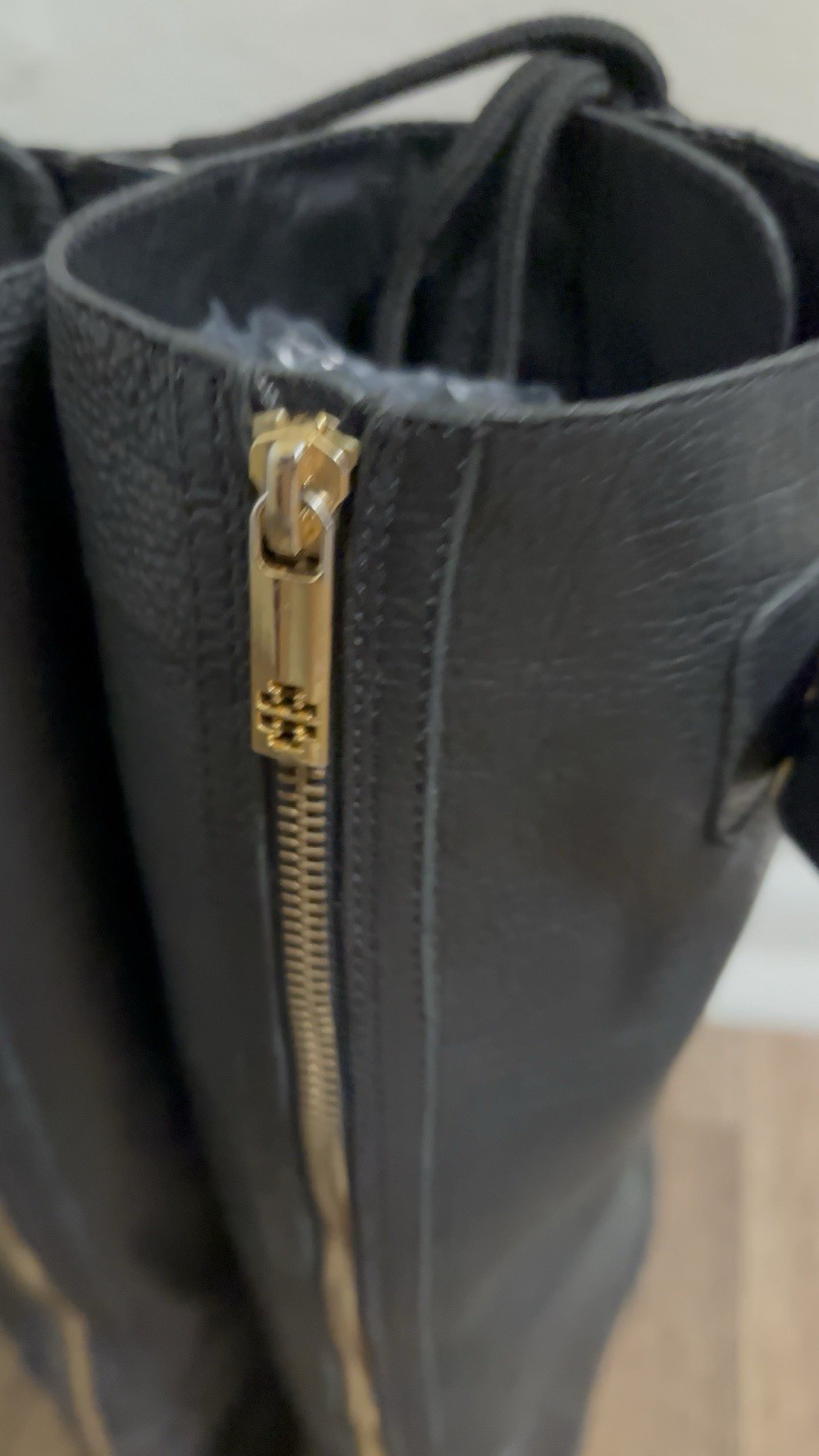 Tory Burch Black Leather Knee High Riding Boots Logo Buckle Zipper Side Zip Sz 6