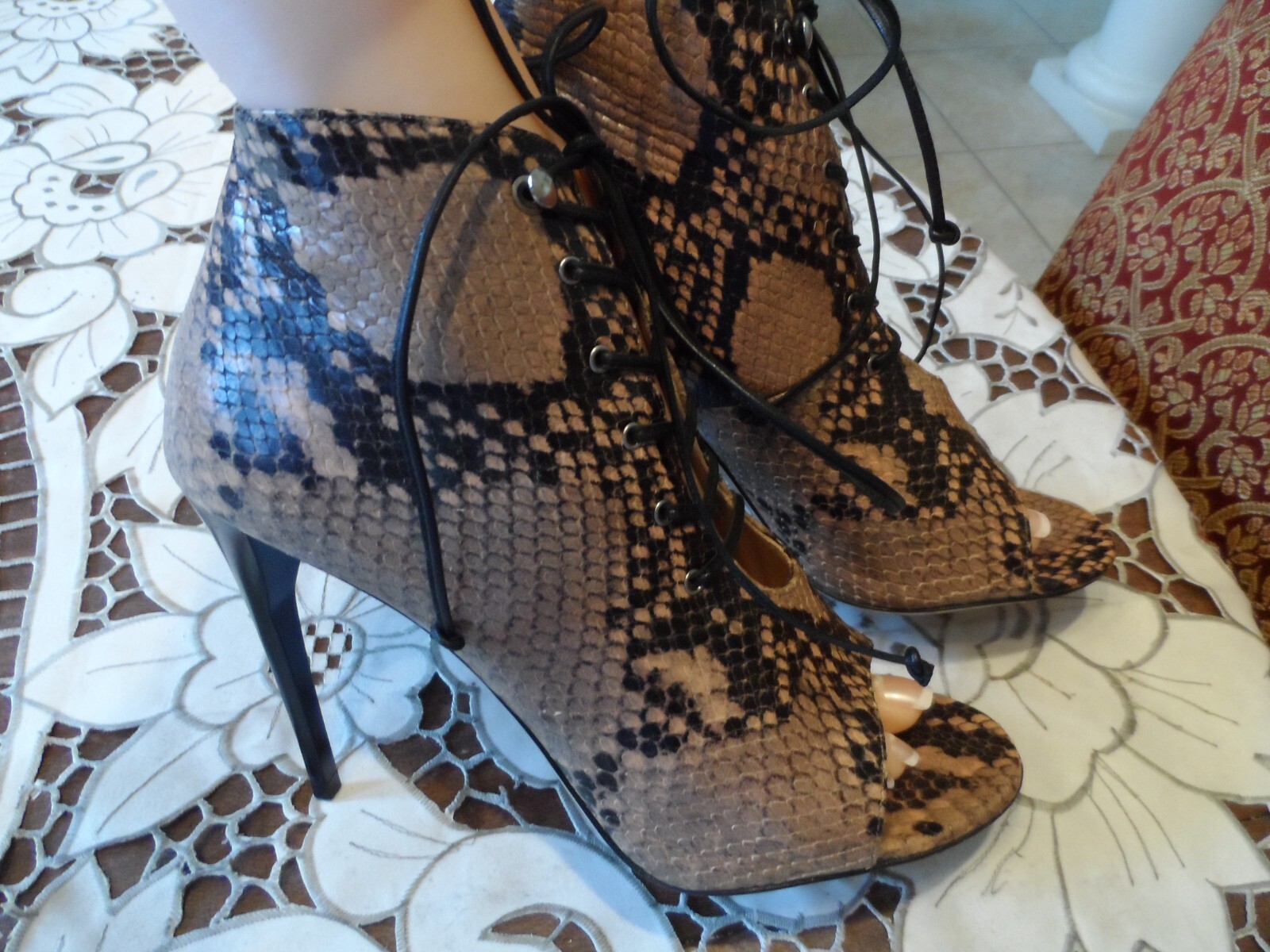 Miu Miu Brown/Beige Python Embosed Leather Lace Up Ankle Boots Size 39M