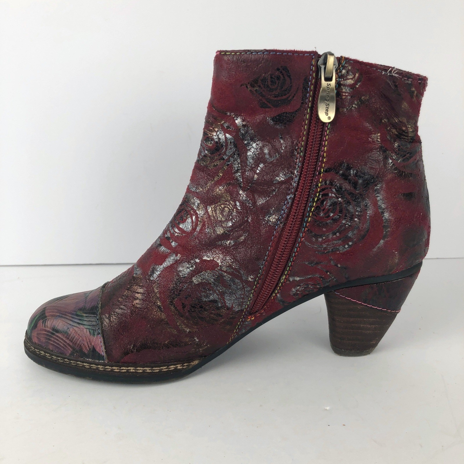 L’Artiste Spring Step Waterlily Floral Leather Ankle Boots Sz 39 Red Metallic