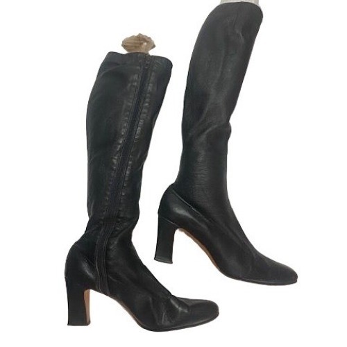 Vintage Amano Bootier Women’s Black Leather Knee-High Go Go Boots With Heels