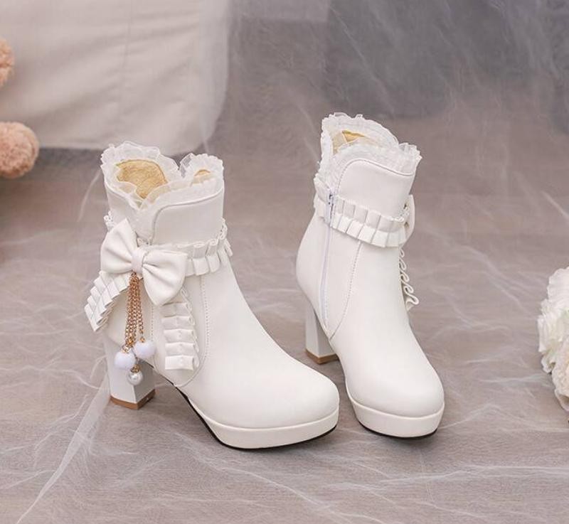 Women’s Girls Bowknot Zip Block Heel Ankle Boots Dress Casual Prom Formal Shoes