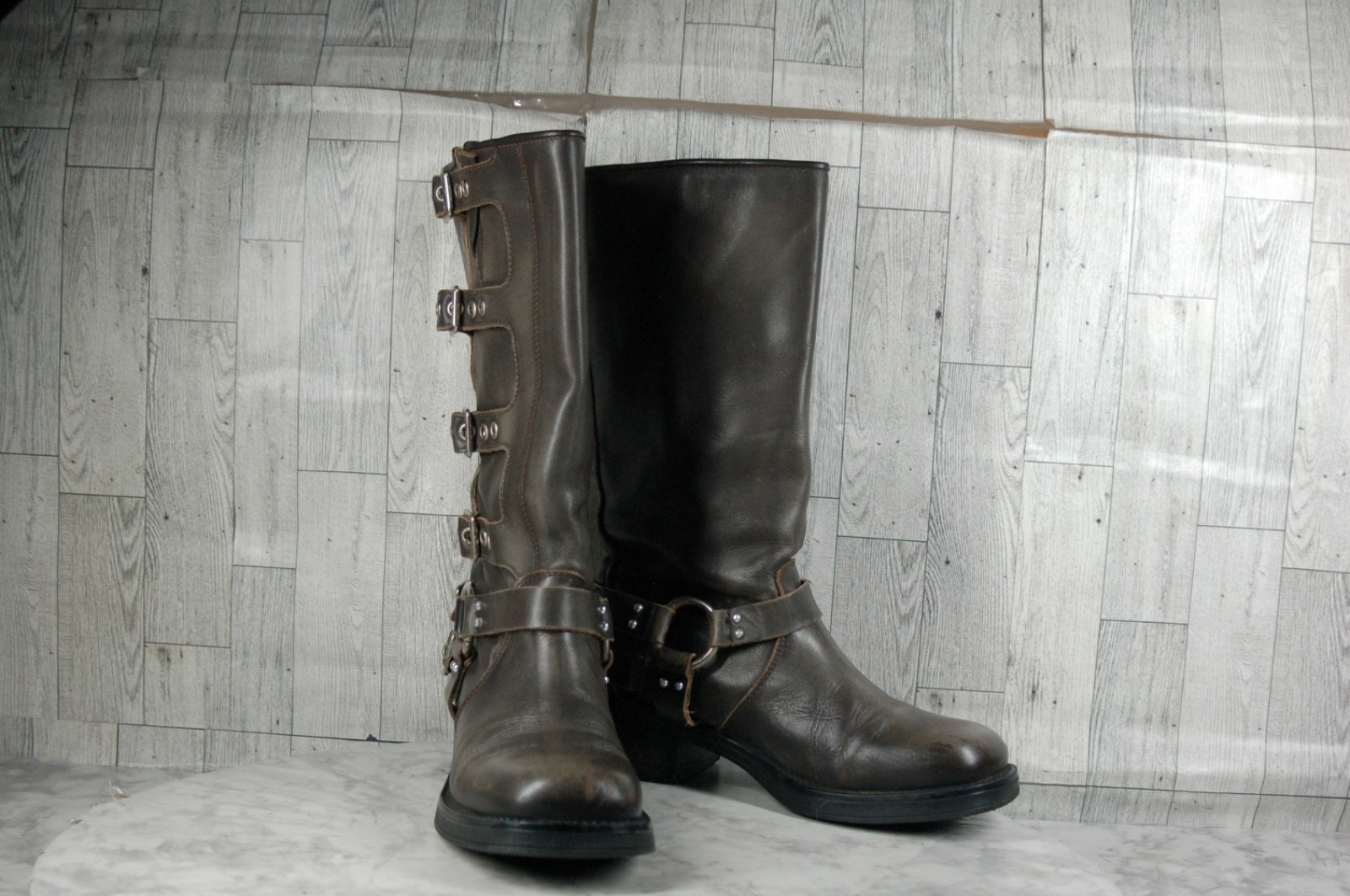 Steve Madden Brocks Biker Boots Women 8.5M Punk Harness Shoes Brown Distressed