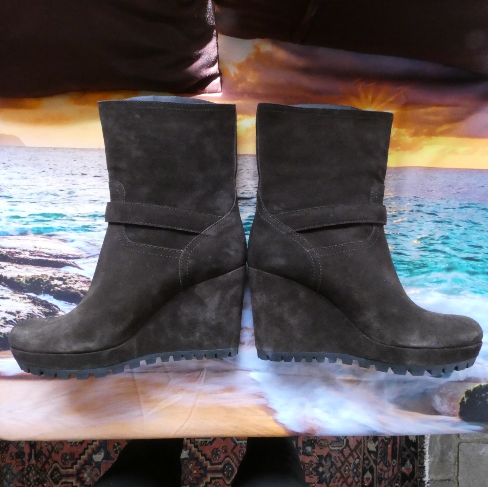 Prada Women’s Brown Suede Double Silver Buckle Strap Wedge Boots Size 39 M / 9 M