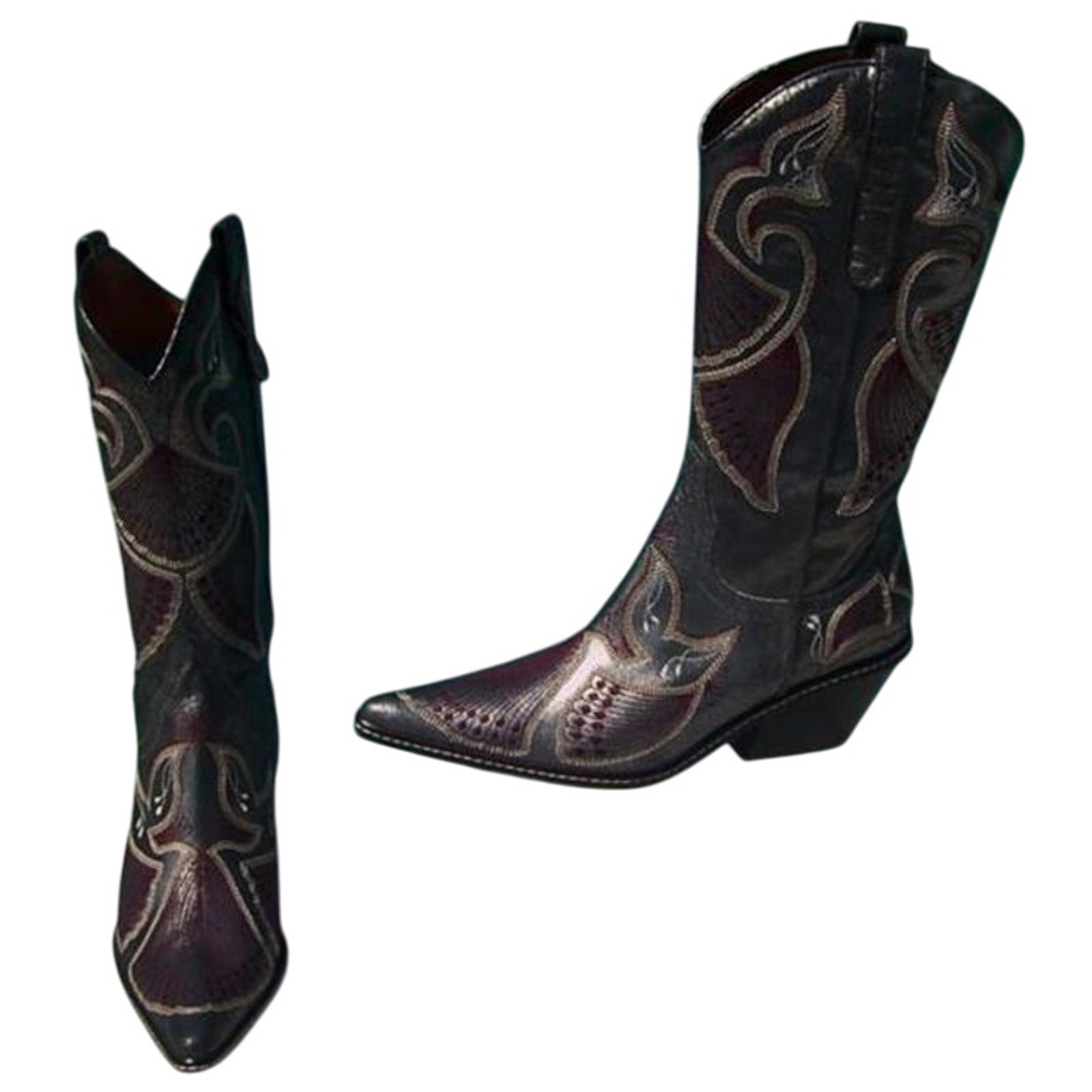 Donald Pliner Western Black Metallic Leather Intricate Stitch Boot New $750 NWT