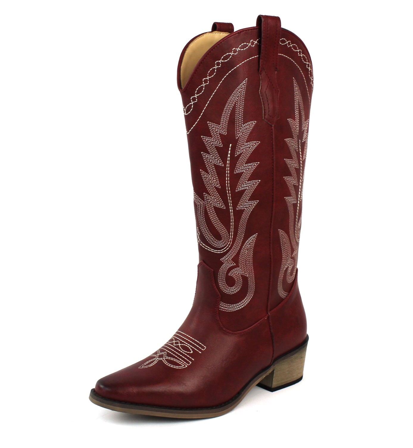 Red Womens Western Cowboy Boots Snip Toe Leather Knee High Cowgirl AZARWOMAN