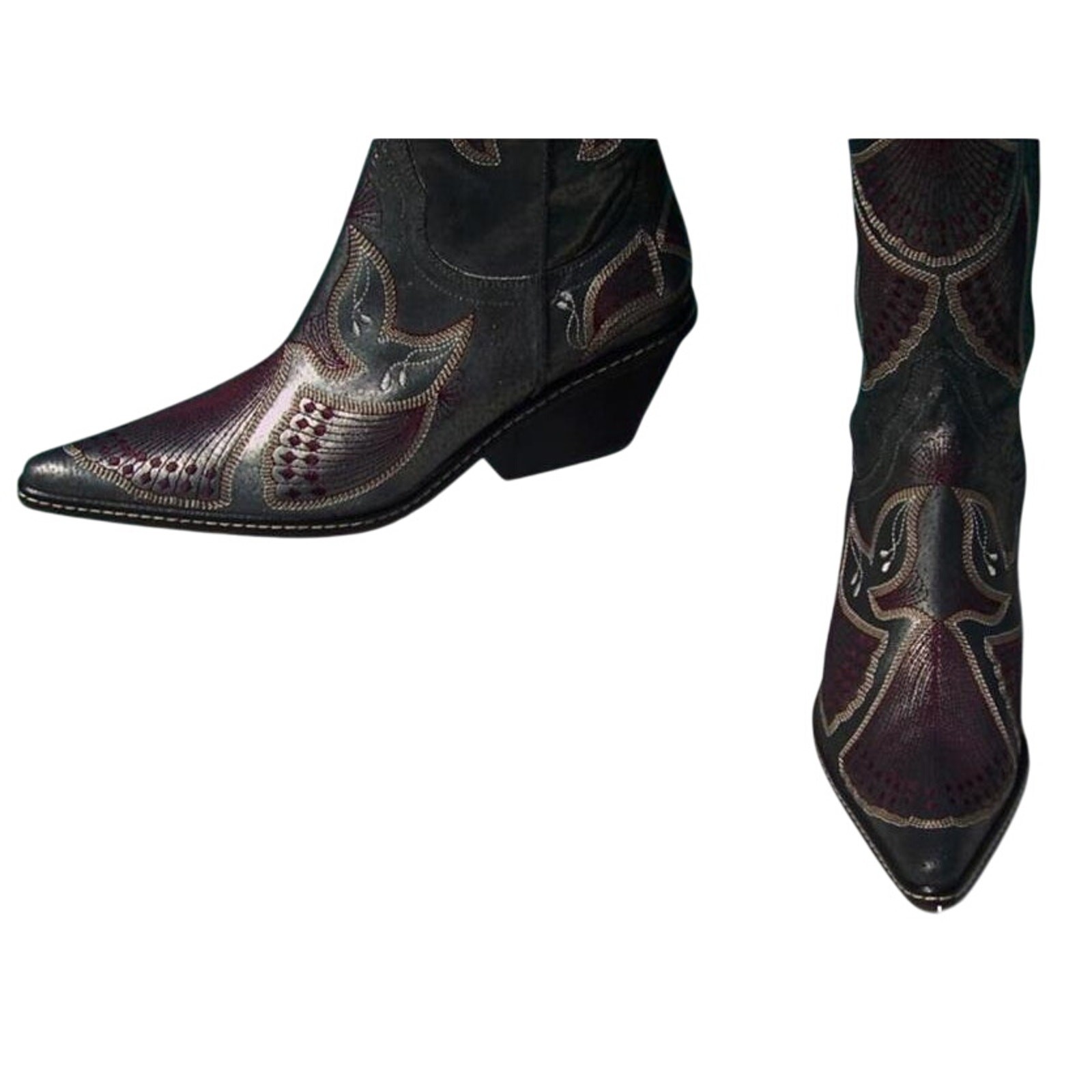 Donald Pliner Western Black Metallic Leather Intricate Stitch Boot New $750 NWT