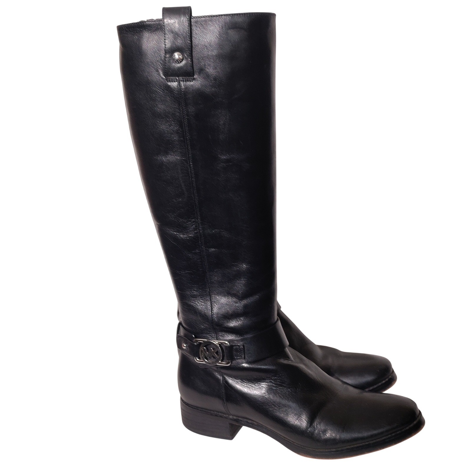 Michael Kors Black Leather Tall Riding Boots Silver MK Logo Buckle 7M